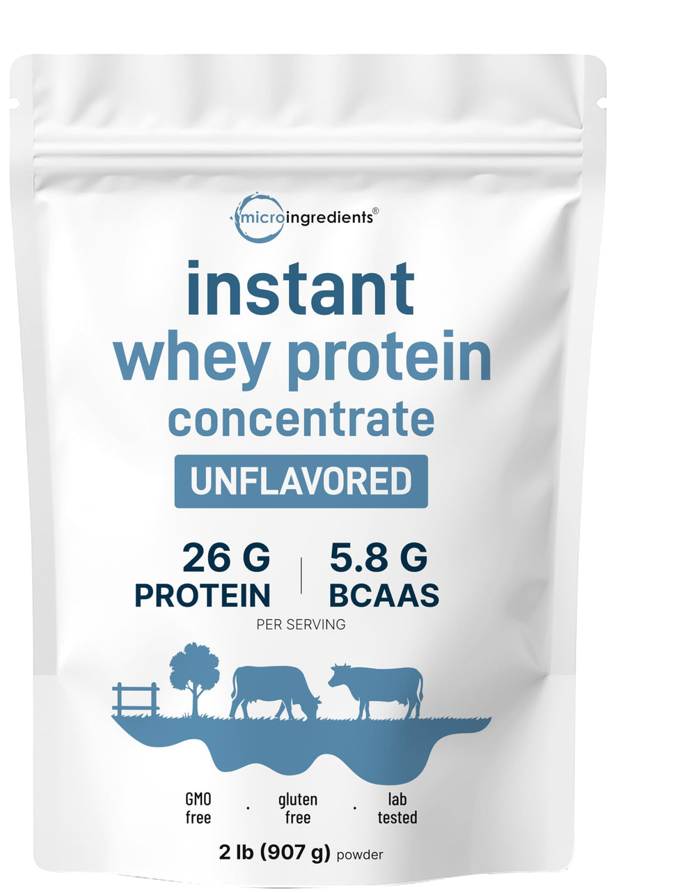 Micro Ingredients Instant Whey Protein Concentrate unflavored 2lb pouch for easy protein supplementation.