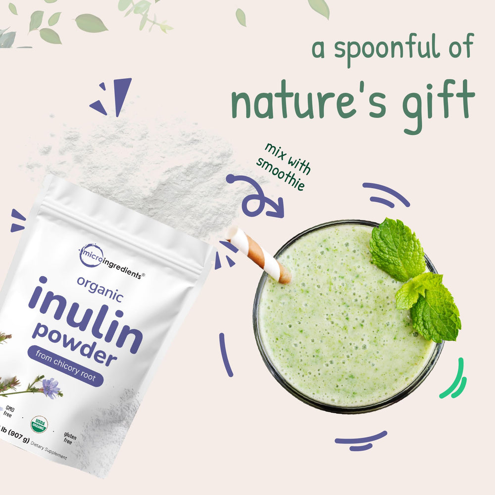 Micro Ingredients Inulin Powder packaging highlights long shelf life.