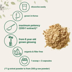Label on Micro Ingredients ginseng powder jar highlighting organic, vegan, non-GMO formulas.