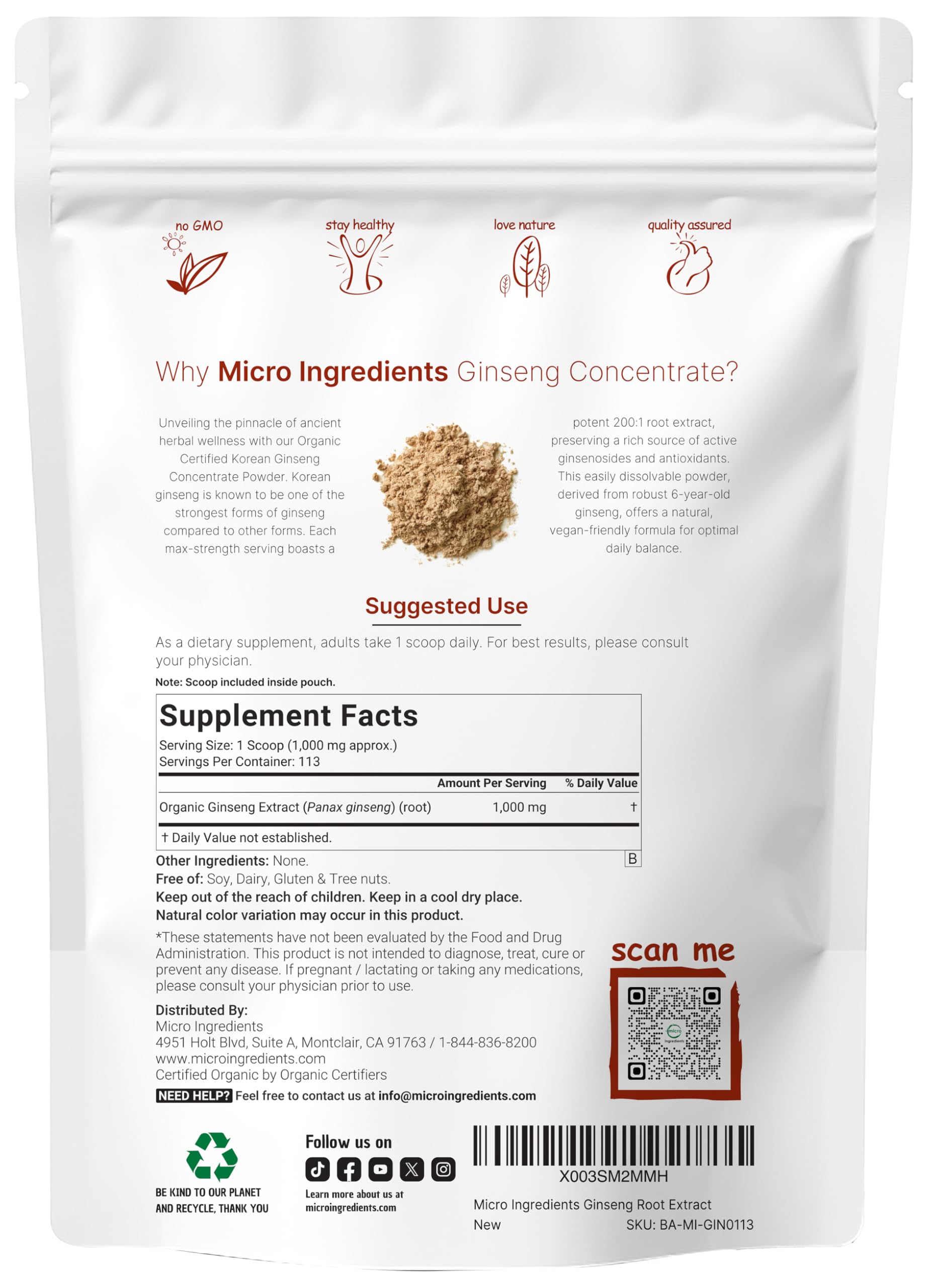 Micro Ingredients Korean Ginseng powder scoop included for precise measurement.