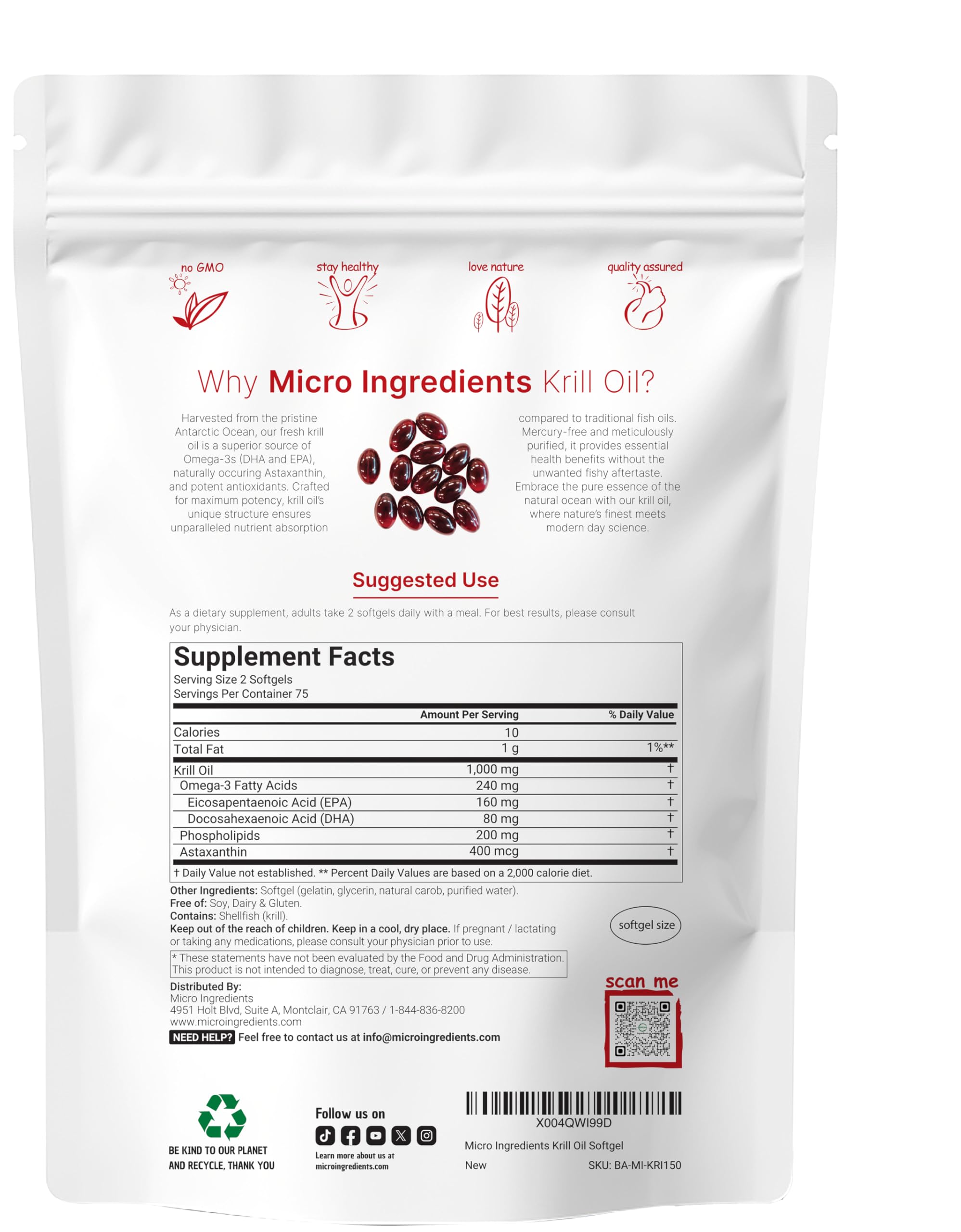 Micro Ingredients krill oil softgels close-up, easy to swallow.