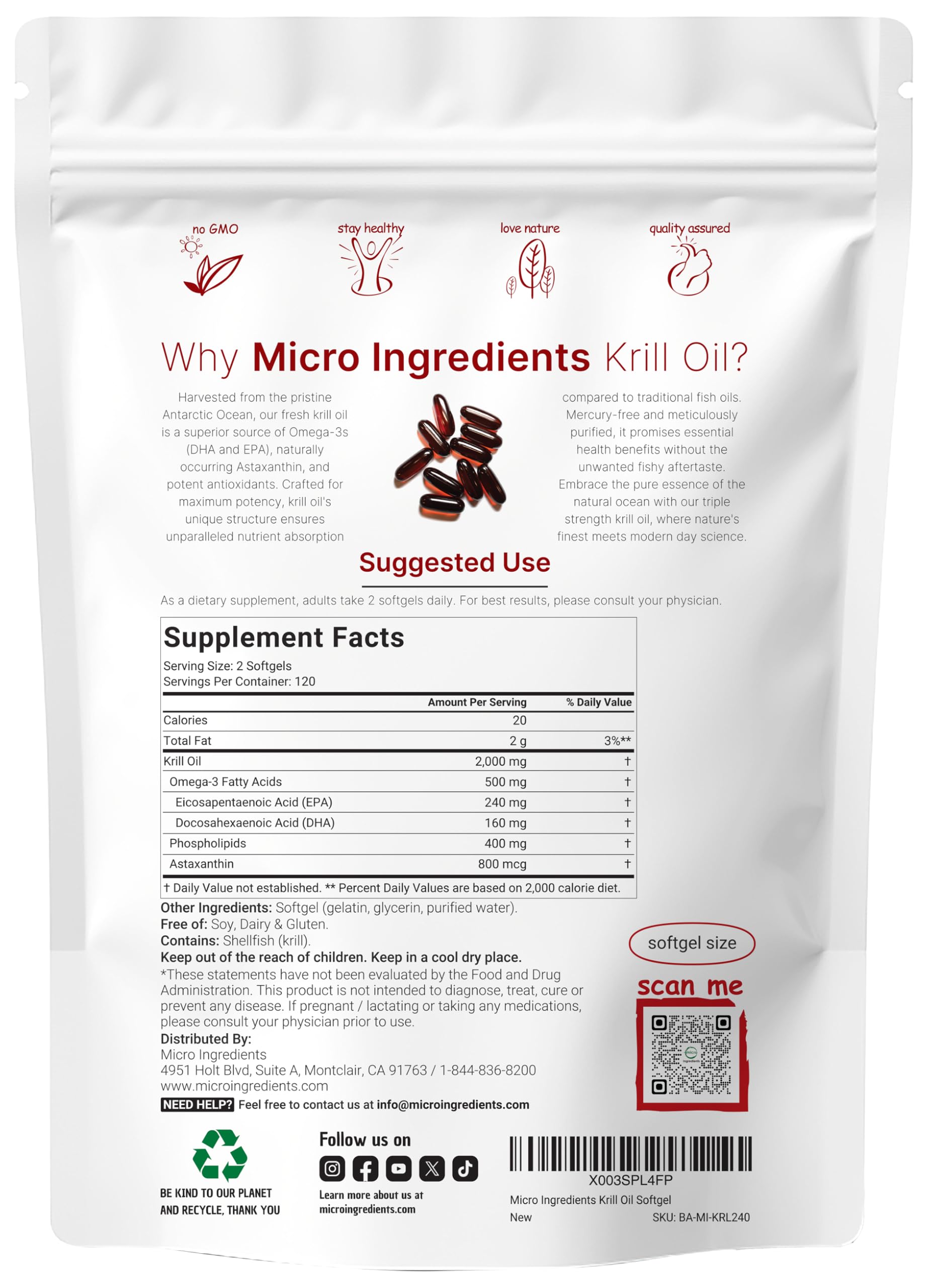 Micro Ingredients krill oil softgels daily dose, convenient omega-3 source with phospholipids