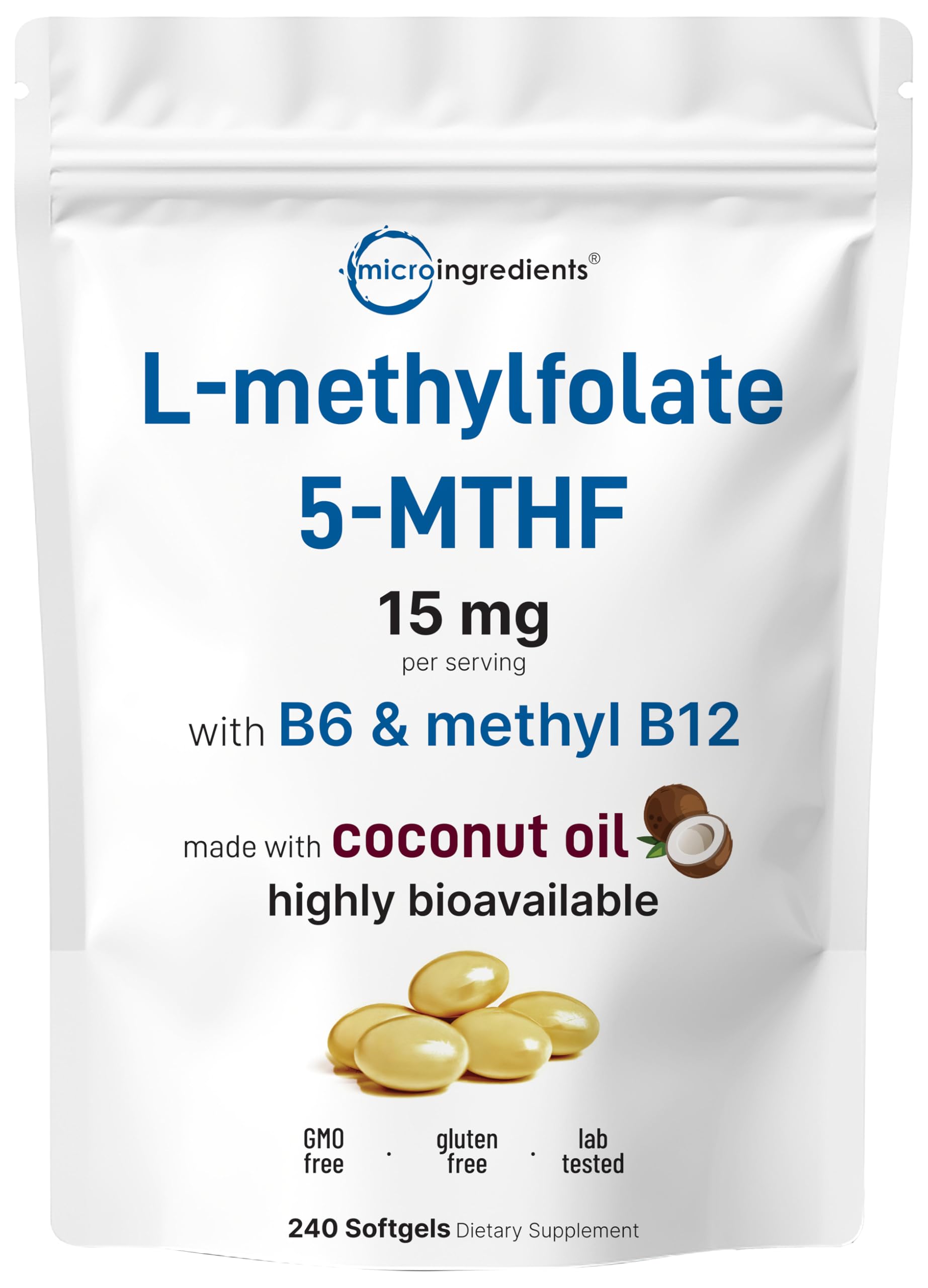 Micro Ingredients L-Methylfolate bottle label with 5-MTHF and B vitamins for daily support