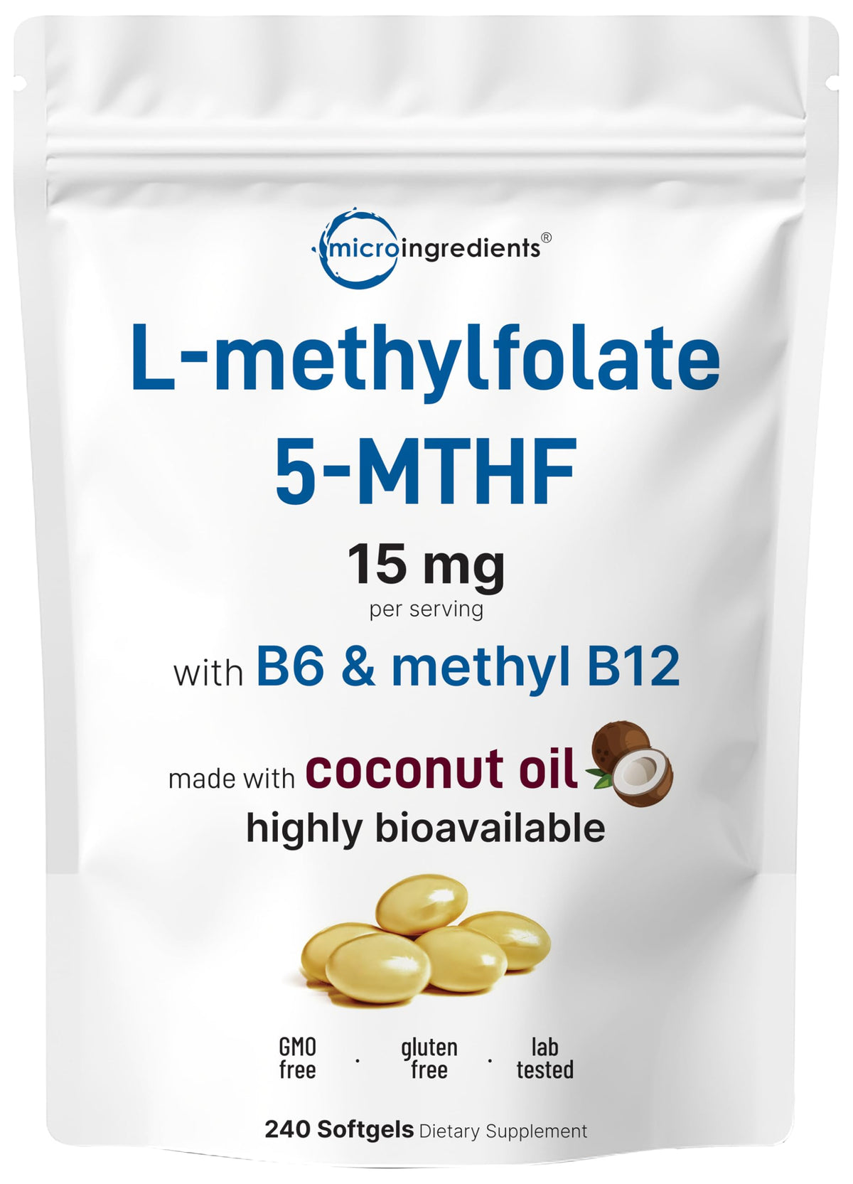 Micro Ingredients L-Methylfolate bottle label with 5-MTHF and B vitamins for daily support