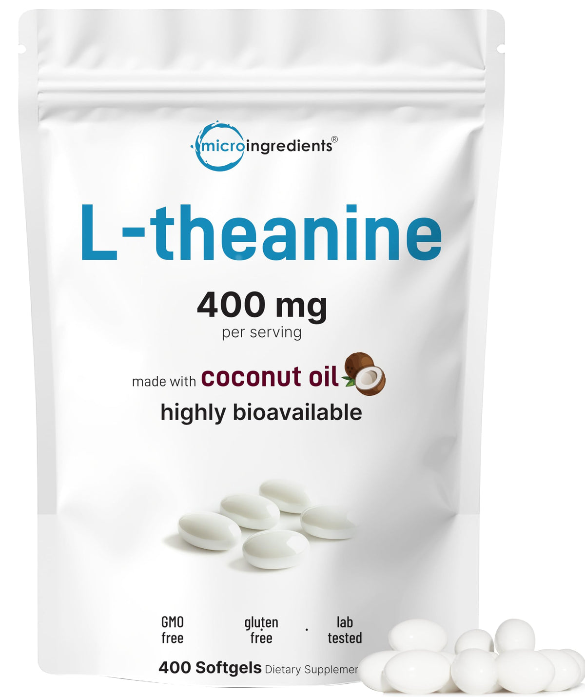 Micro Ingredients L-Theanine 400mg softgels bottle promoting calm focus for daily use
