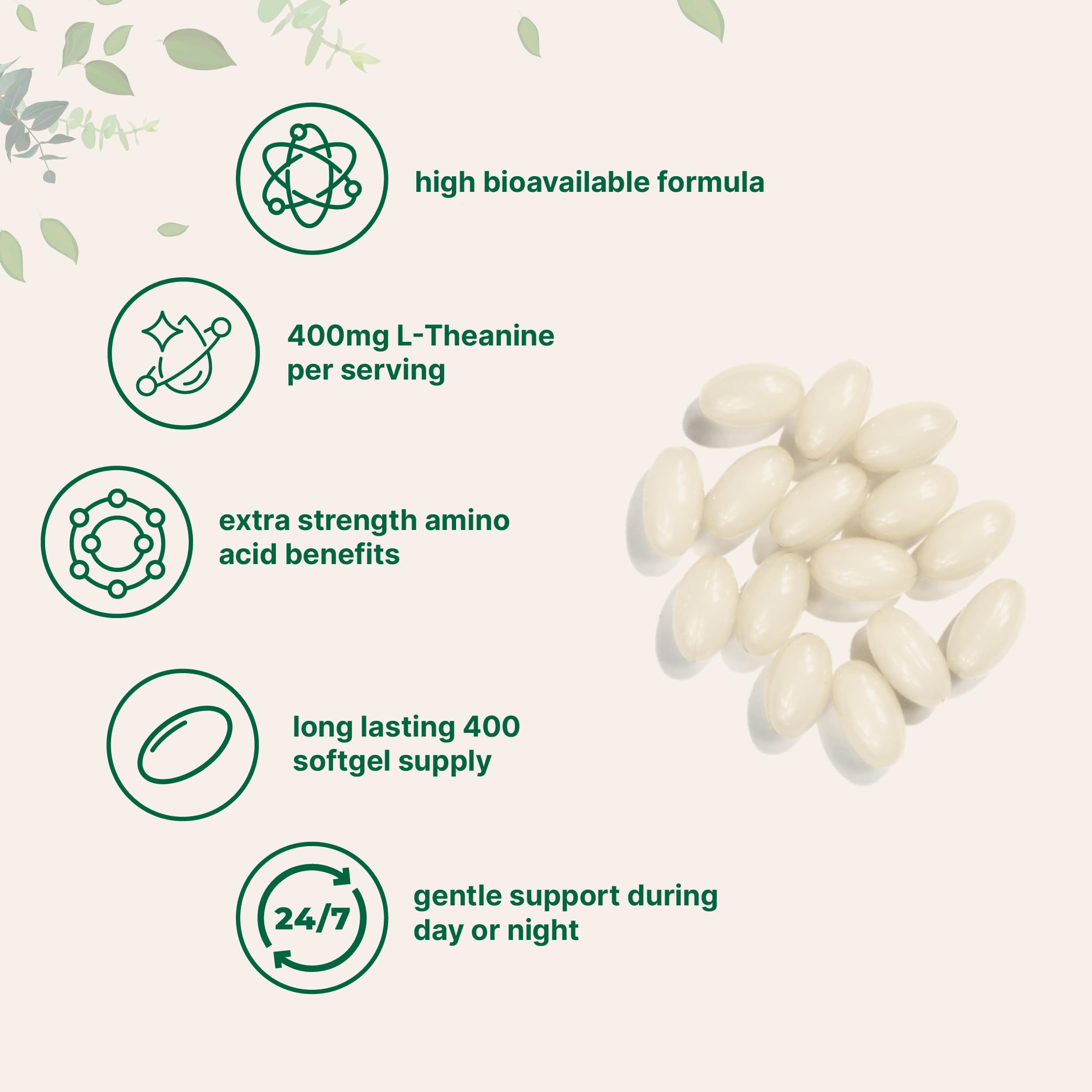 Close-up of L-Theanine softgels with coconut oil carrier for absorption