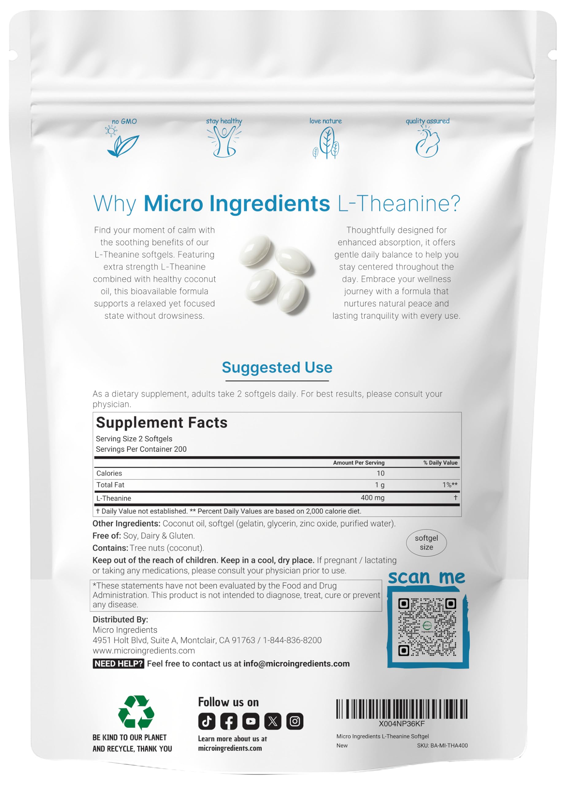 Micro Ingredients L-Theanine softgels pouch highlighting a long-lasting 200-serving supply for ongoing calm
