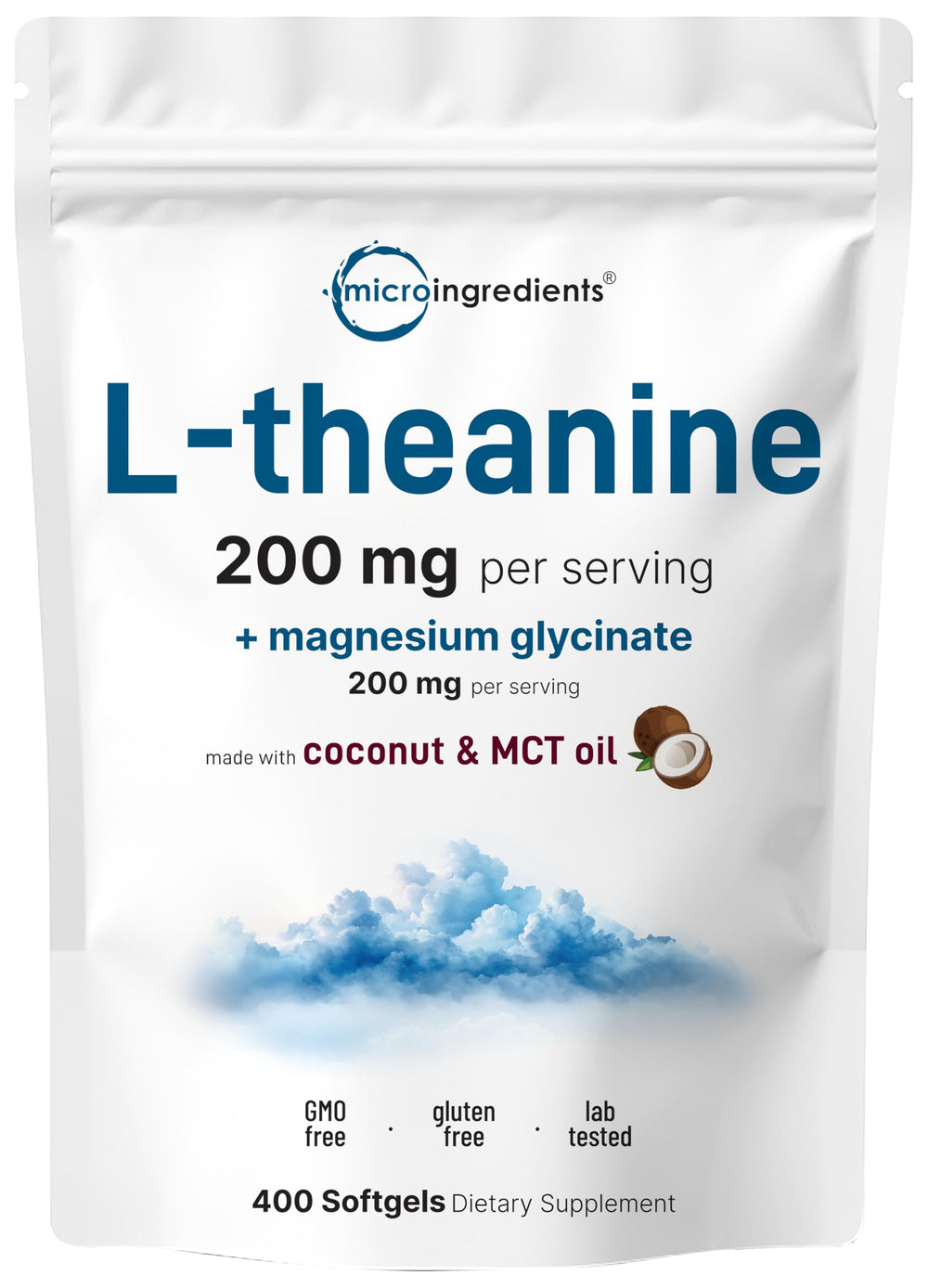 Micro Ingredients L-Theanine Magnesium Glycinate softgels bottle for calm focus.