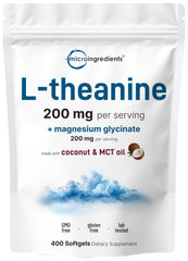 Micro Ingredients L-Theanine Magnesium Glycinate softgels bottle for calm focus.