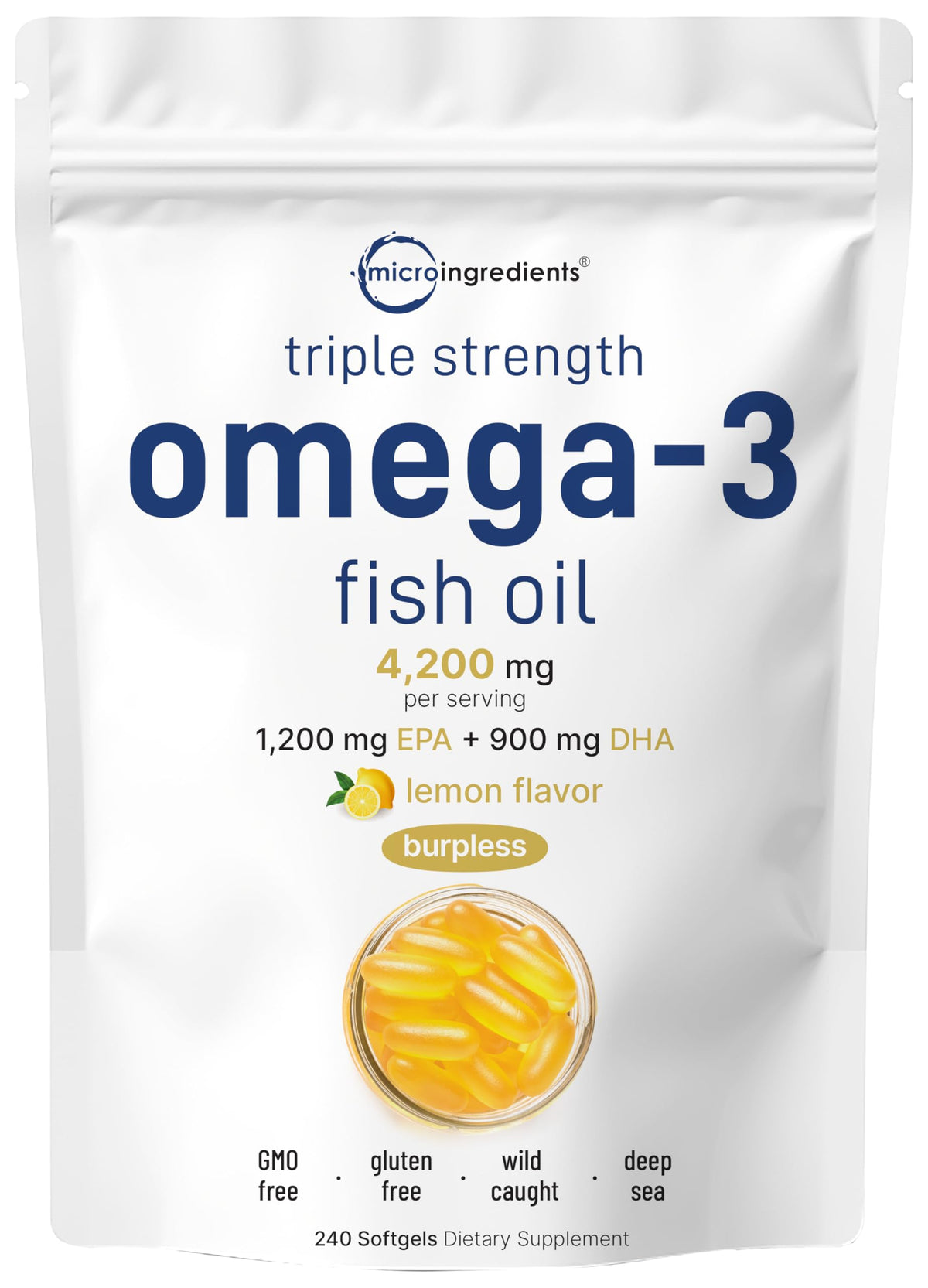 Micro Ingredients lemon omega-3 softgels bottle supports daily heart and brain wellness