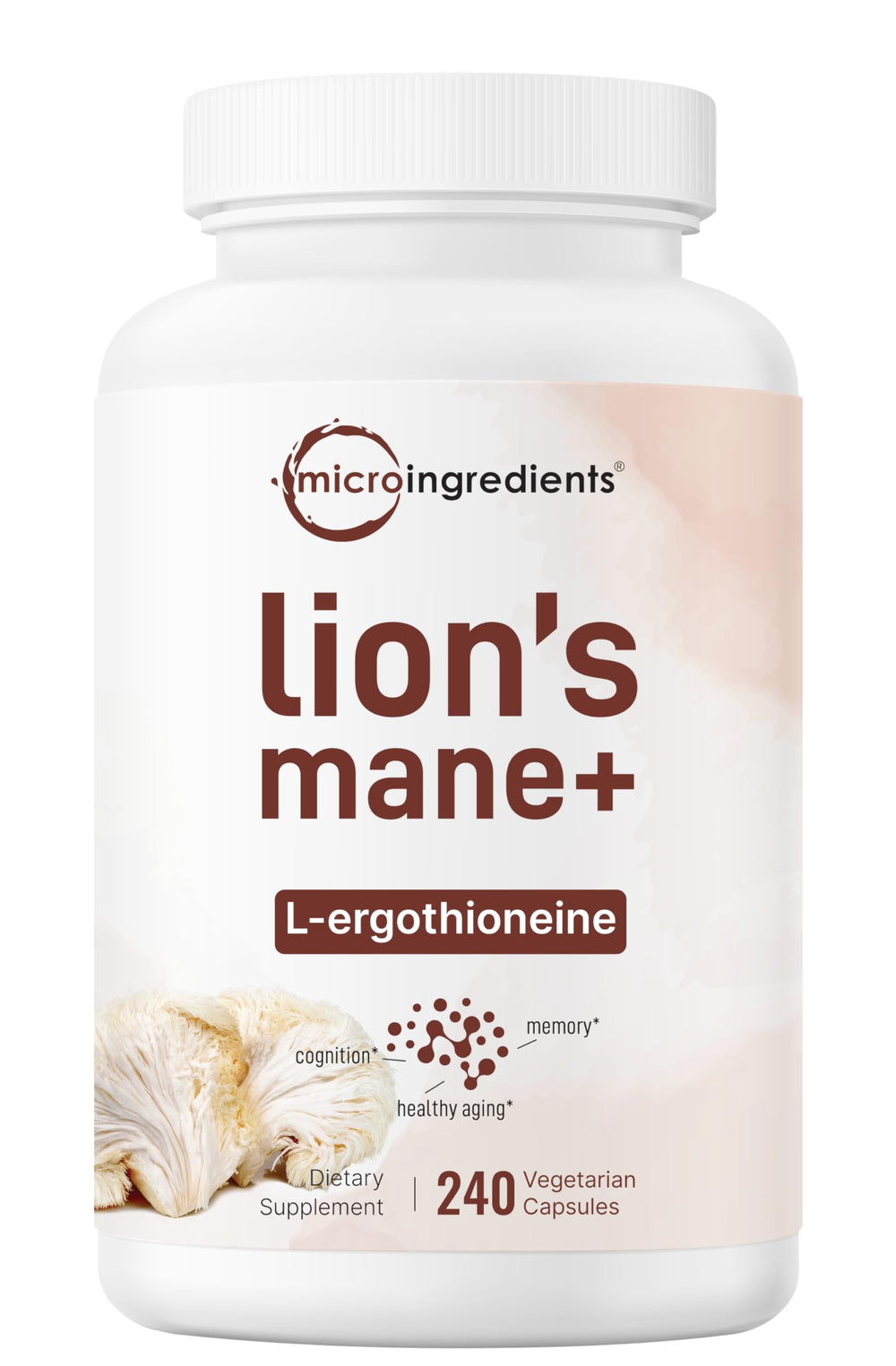 Micro Ingredients Lions Mane bottle front view shows 240 veggie capsules for cognitive support