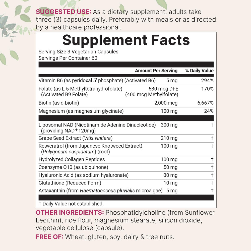 Close-up of vegetarian capsules from Liposomal NAD+ for Women Complex.