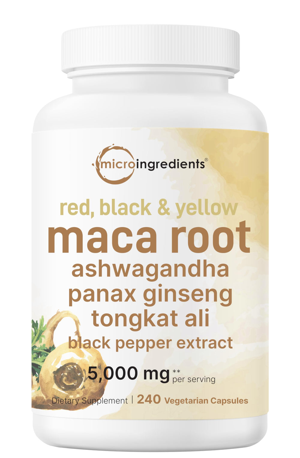 Micro Ingredients maca root capsules bottle illustrates energy-boosting daily wellness.