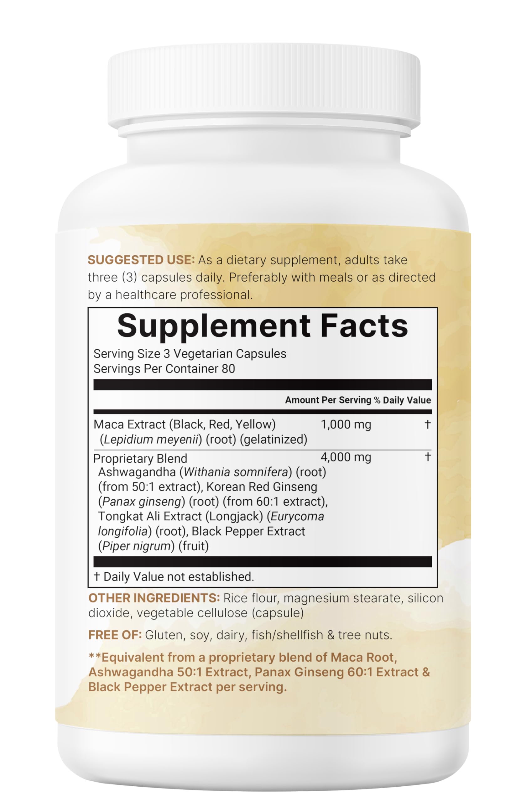 Micro Ingredients maca root capsules ingredients panel highlights non-GMO and allergen-free features.