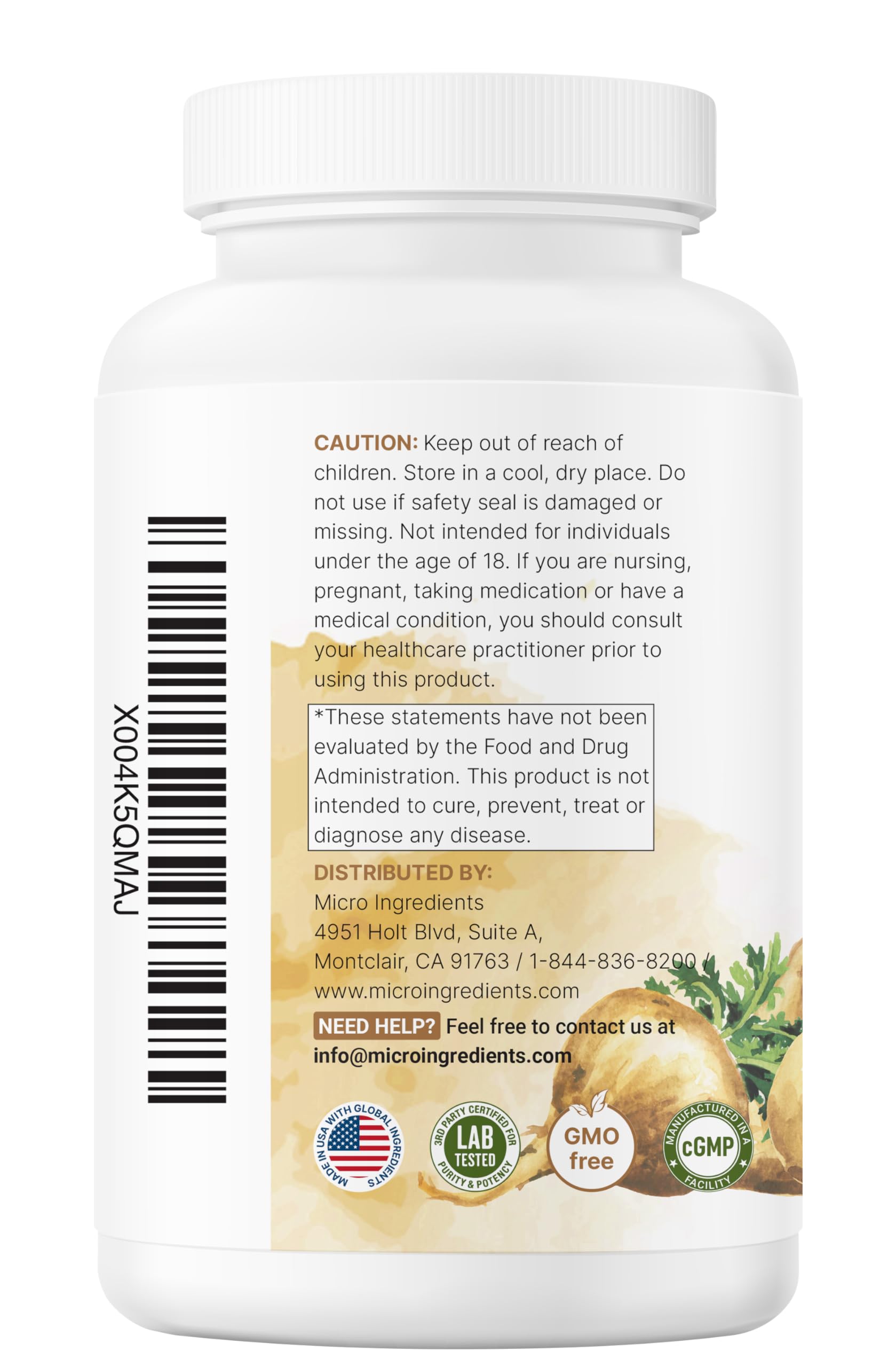 Micro Ingredients maca root capsules packaging on shelf conveys premium wellness.