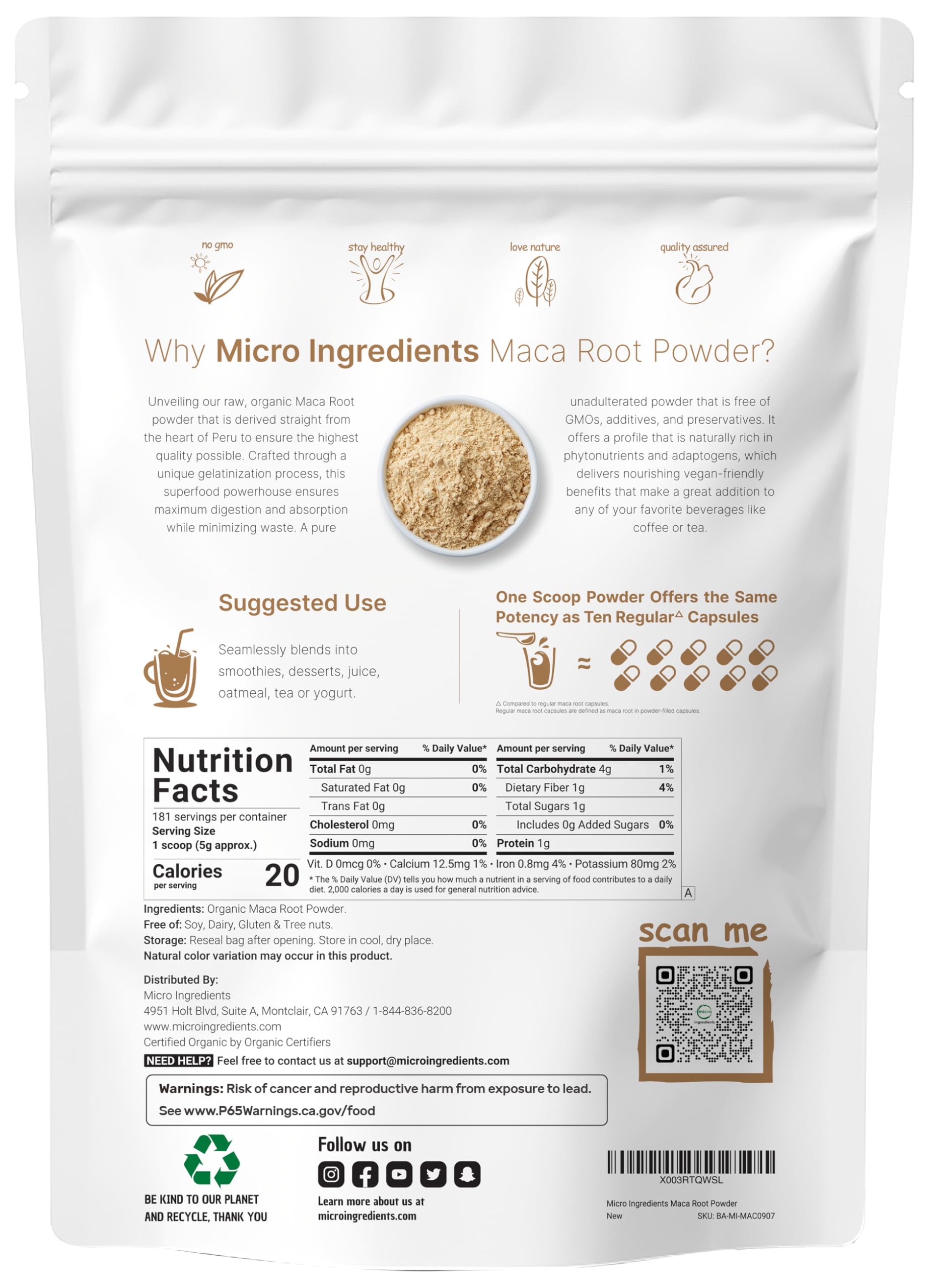 Micro Ingredients Maca Root Powder jar with label emphasizes Peru origin and vegan-friendly product.
