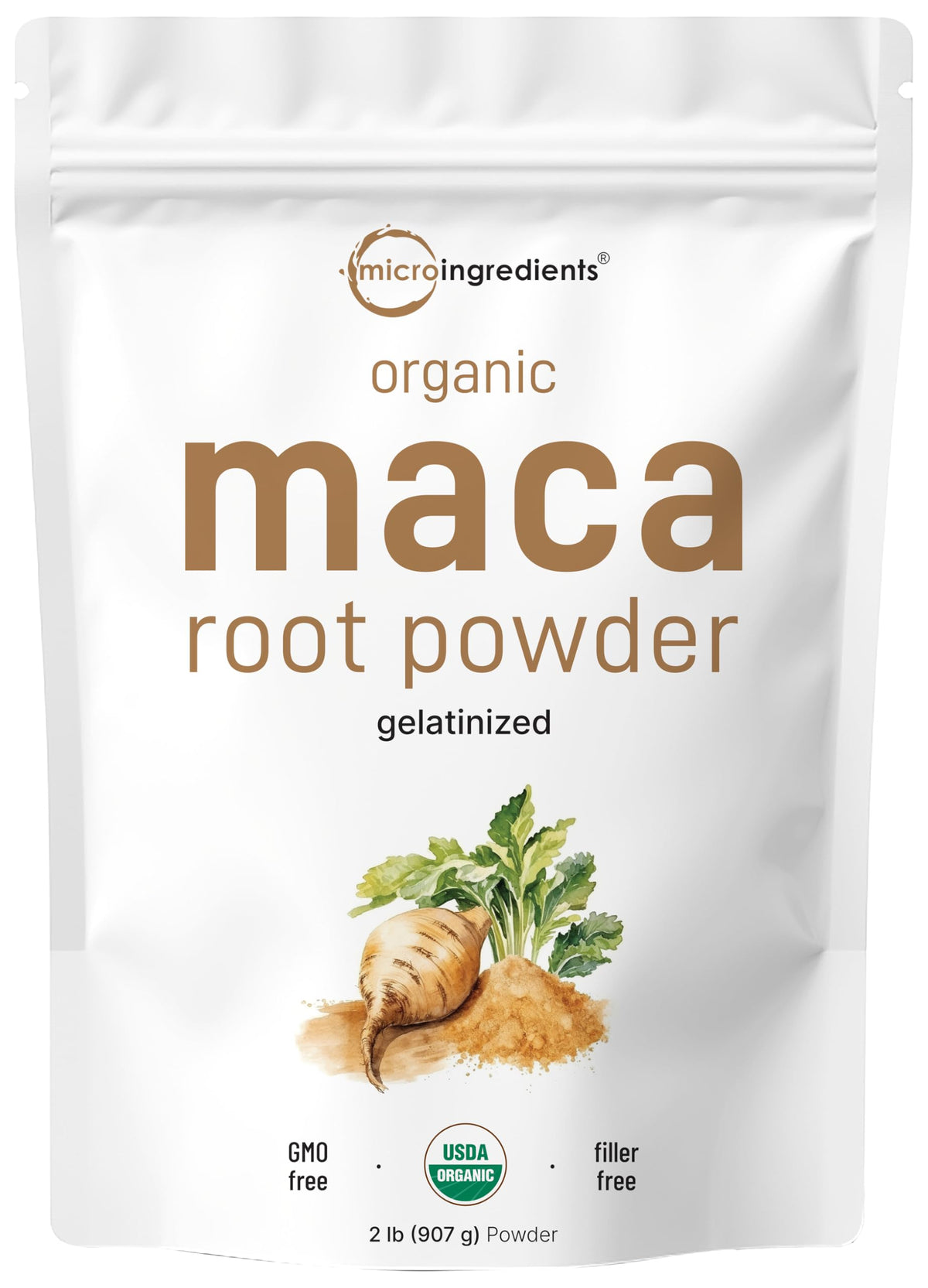Micro Ingredients Maca Root Powder packaging highlights organic gelatinized formula for easy daily use.