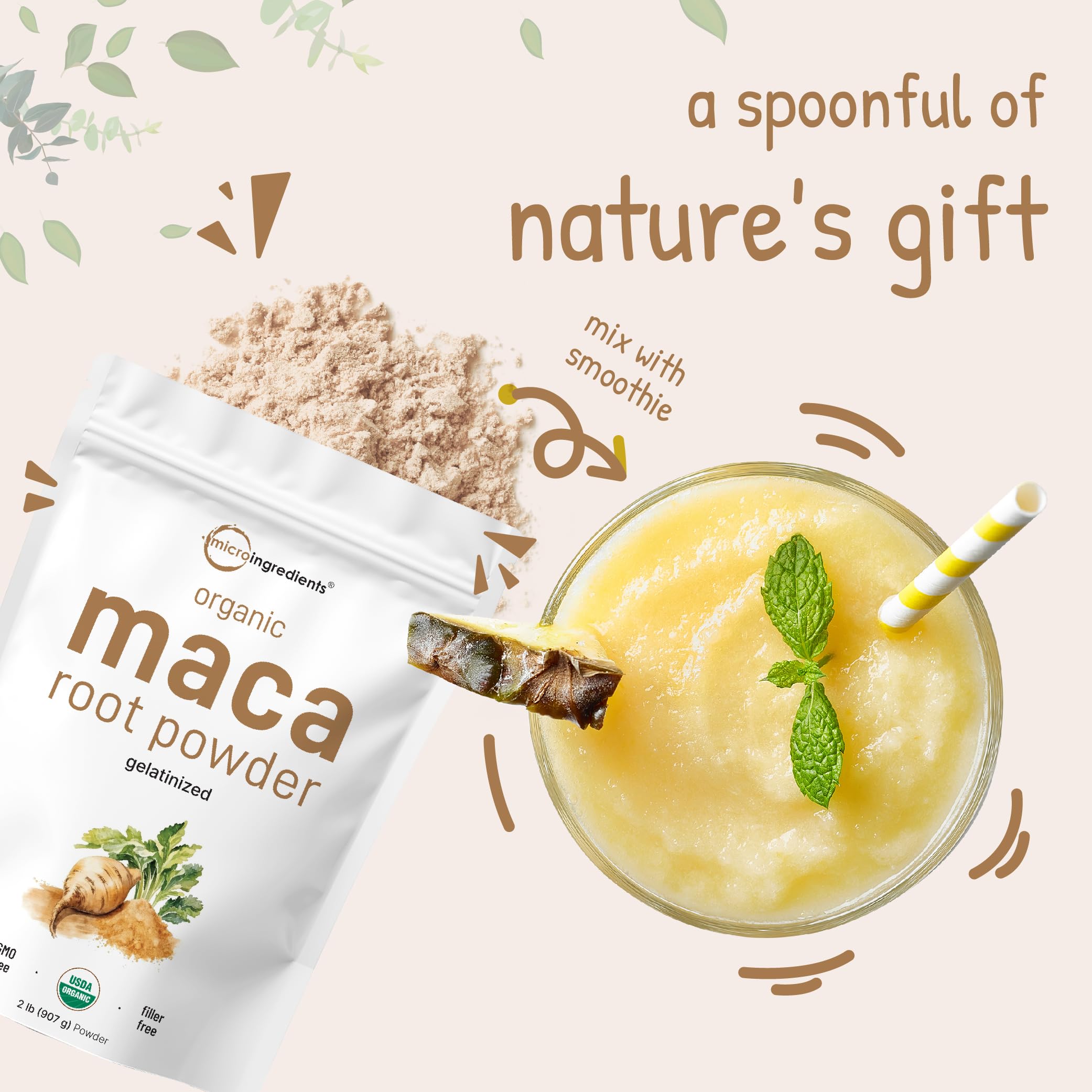 Micro Ingredients Maca Powder with no GMOs and vegan-friendly formulation for daily use.