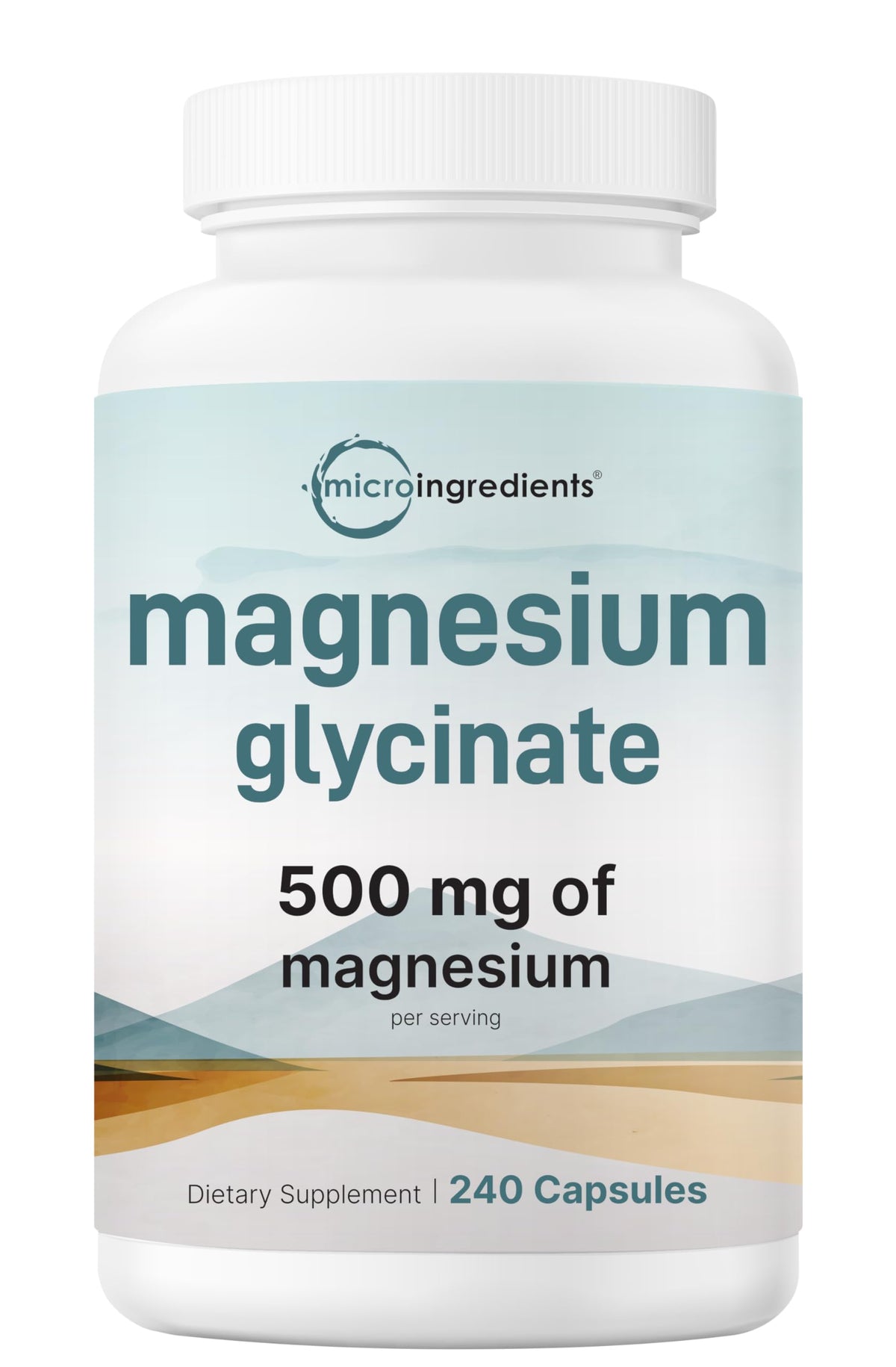 Micro Ingredients magnesium glycinate bottle highlights 500mg per serving for high absorption.