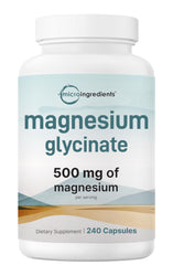 Micro Ingredients magnesium glycinate bottle highlights 500mg per serving for high absorption.