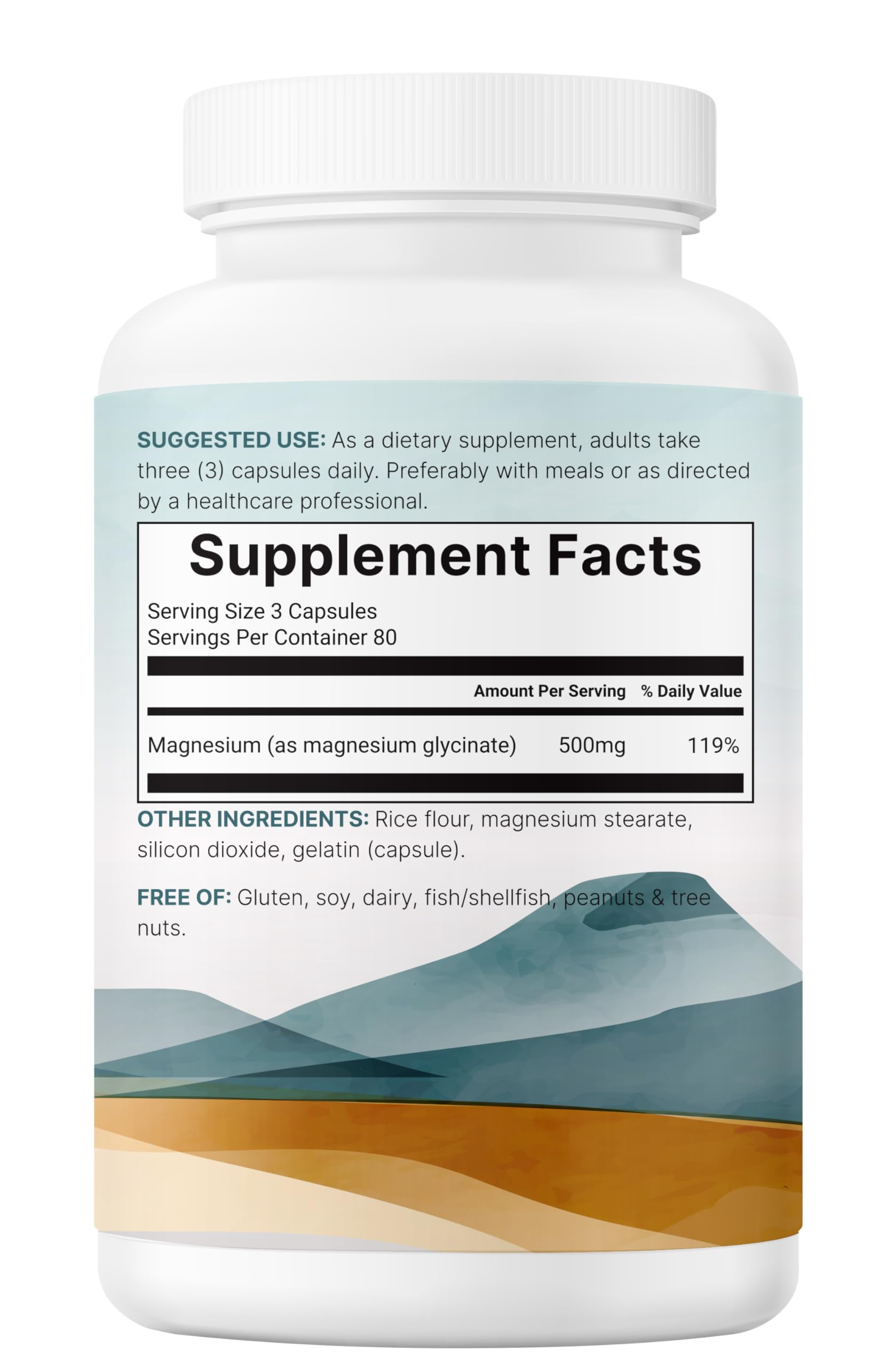 Micro Ingredients magnesium glycinate 3-capsule serving delivers 500mg per dose.