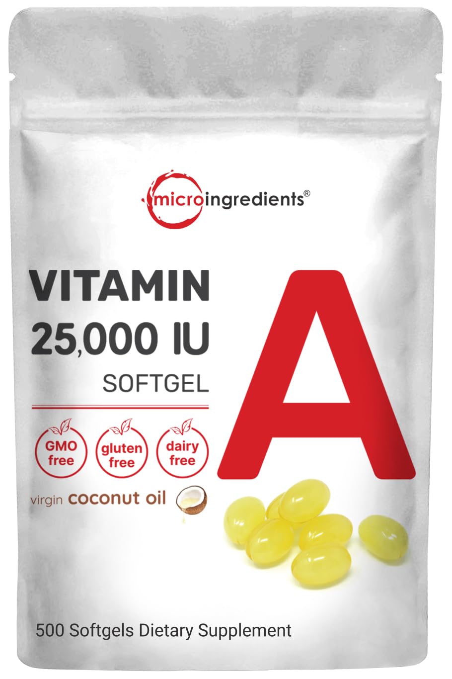 Micro Ingredients maximum-strength vitamin A bottle with softgels for daily vision and immune support.