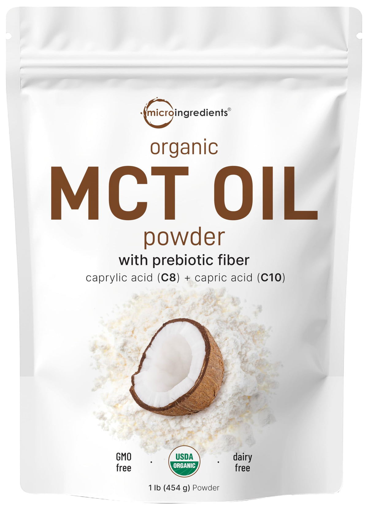 Micro Ingredients MCT Oil Powder bottle shows 70/30 C8/C10 blend for keto routines