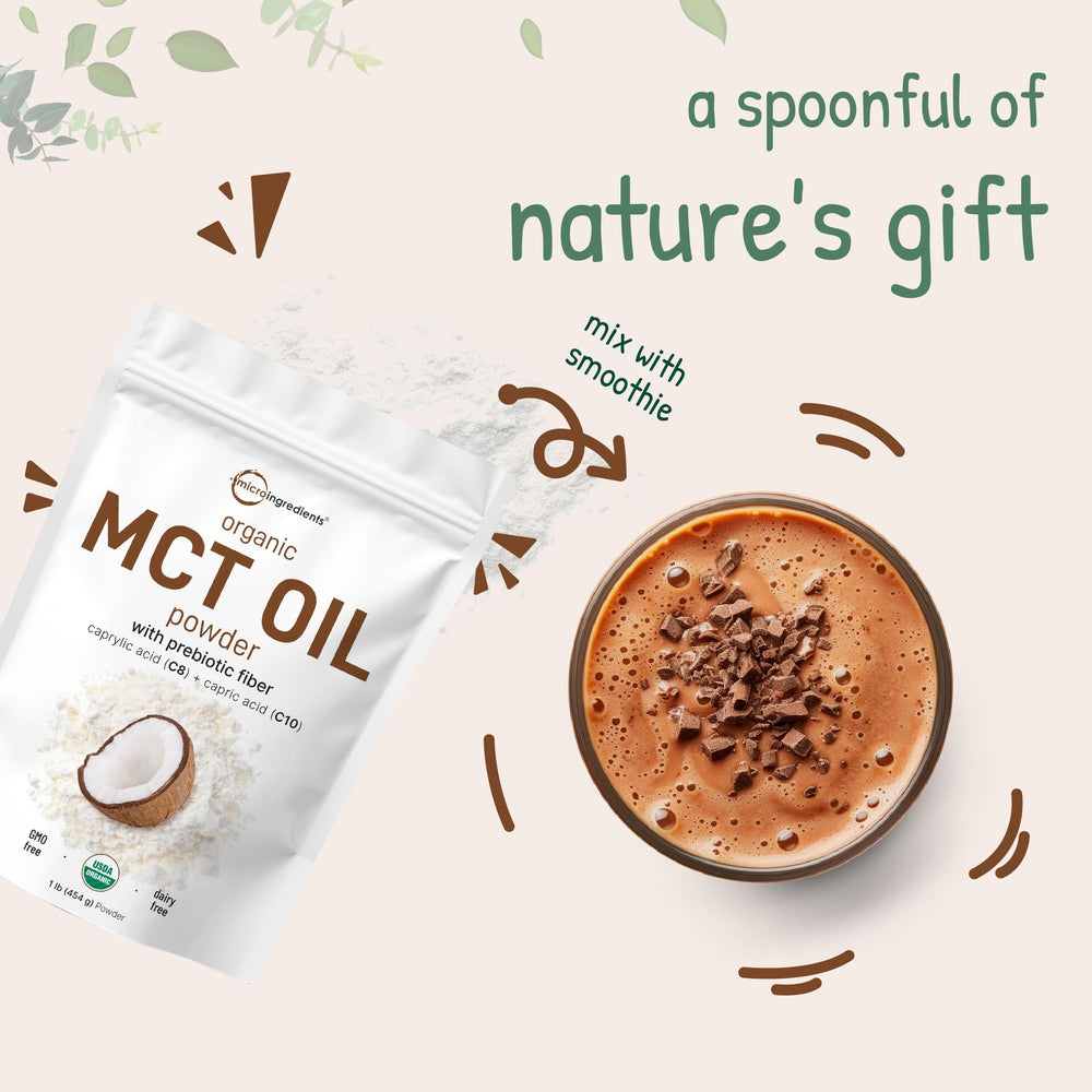 Micro Ingredients MCT Oil Powder glass jar presentation suggests premium product