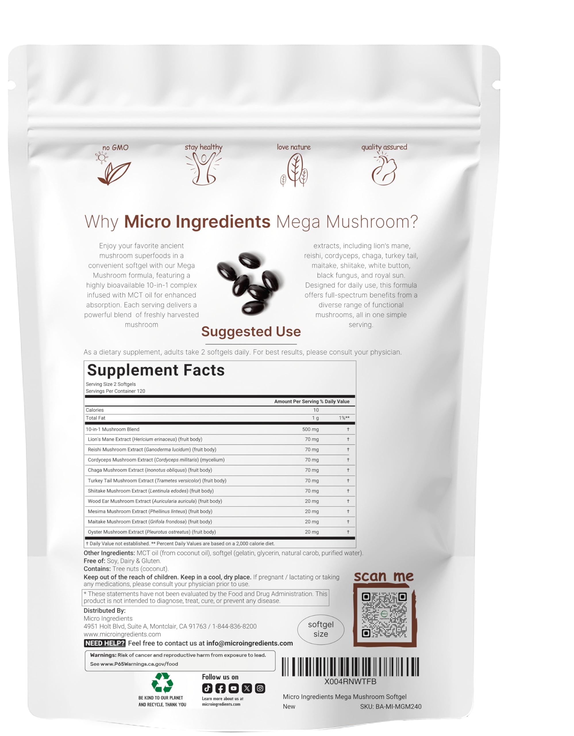 Close-up of Mega Mushroom 10-in-1 blend label highlighting diverse mushroom types.