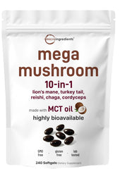 Micro Ingredients Mega Mushroom softgels with MCT oil for easier absorption in daily use.