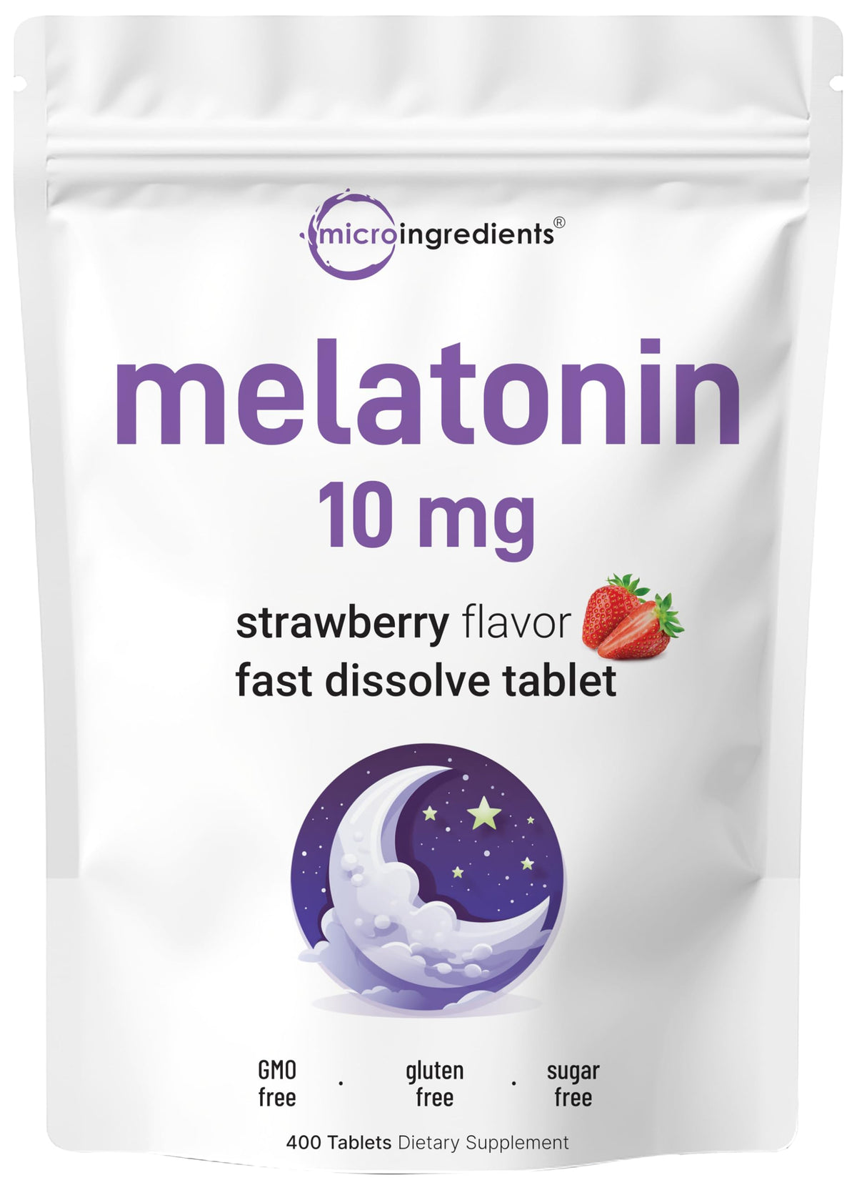 Micro Ingredients Melatonin 10mg tablets in strawberry flavor packaging for nightly use.
