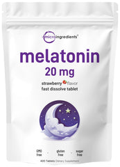Micro Ingredients Melatonin 20mg tablets front label, vegan and non-GMO sleep support.
