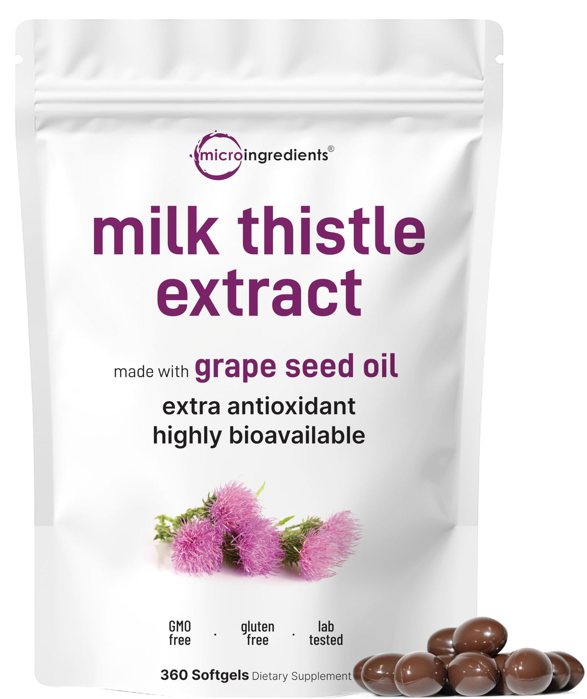 Micro Ingredients Milk Thistle softgels bottle with branding for potency.