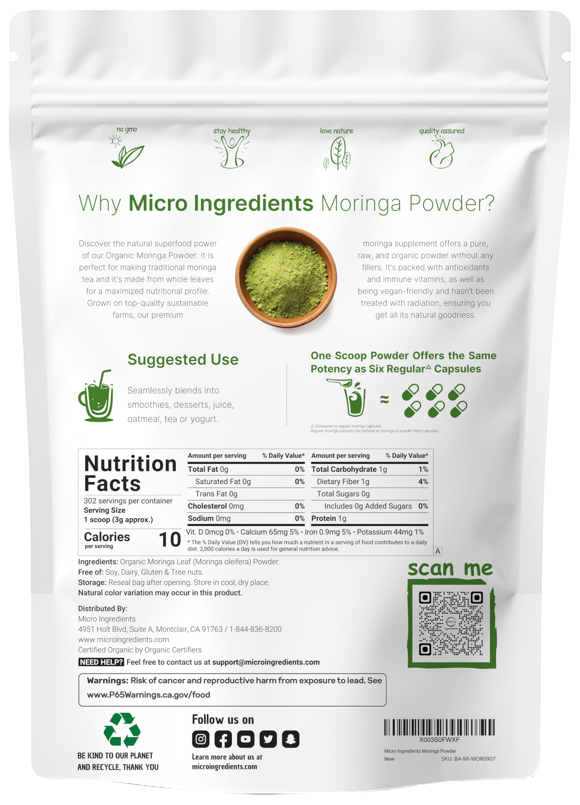 Micro Ingredients moringa leaf powder scoop shows precise measuring for shakes.
