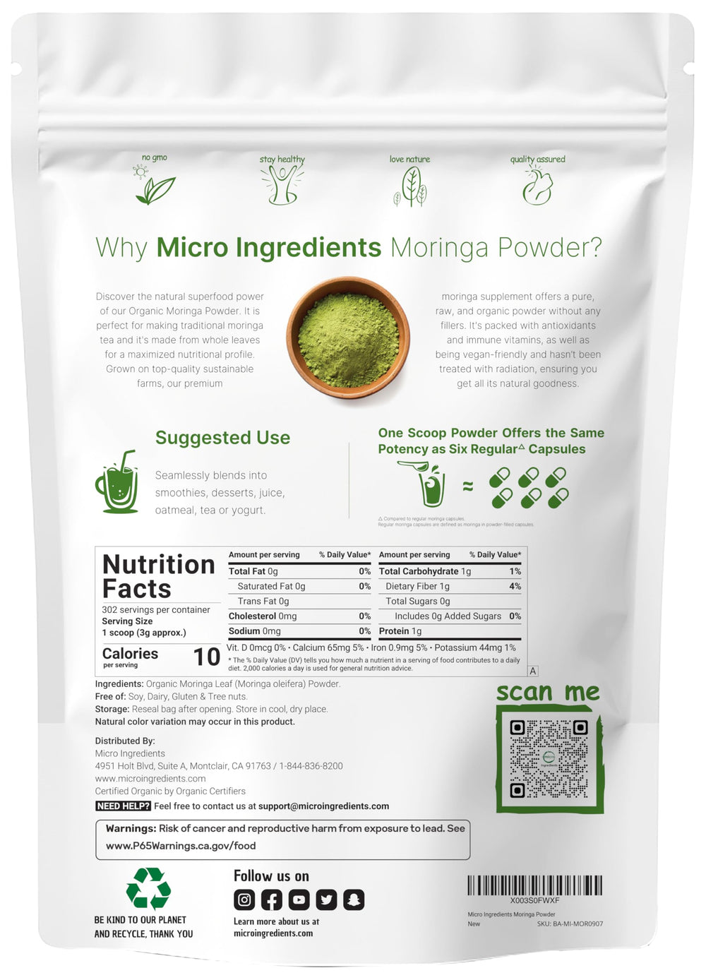 Micro Ingredients moringa leaf powder scoop shows precise measuring for shakes.