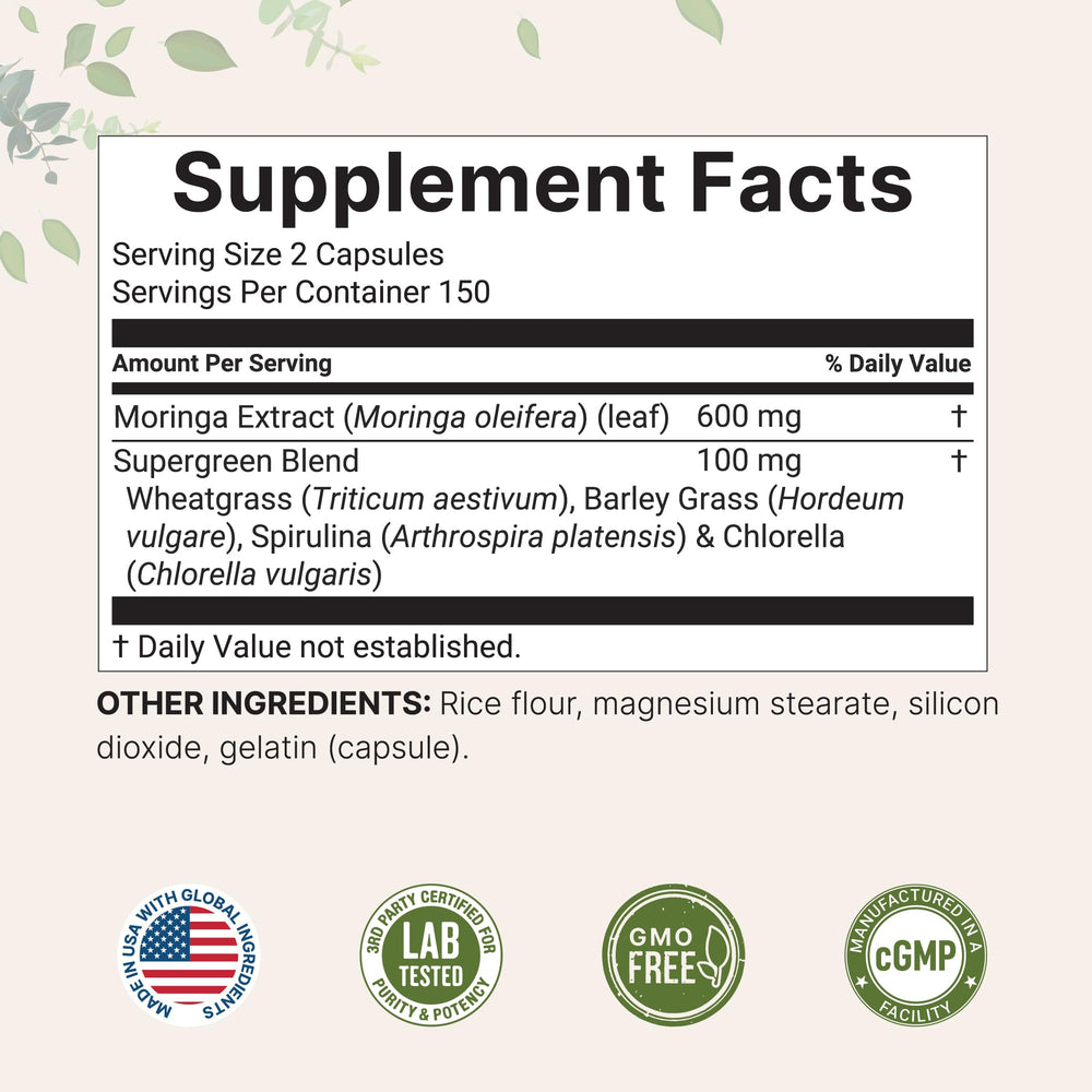 Micro Ingredients Moringa Oleifera capsules closeup for easy daily use.