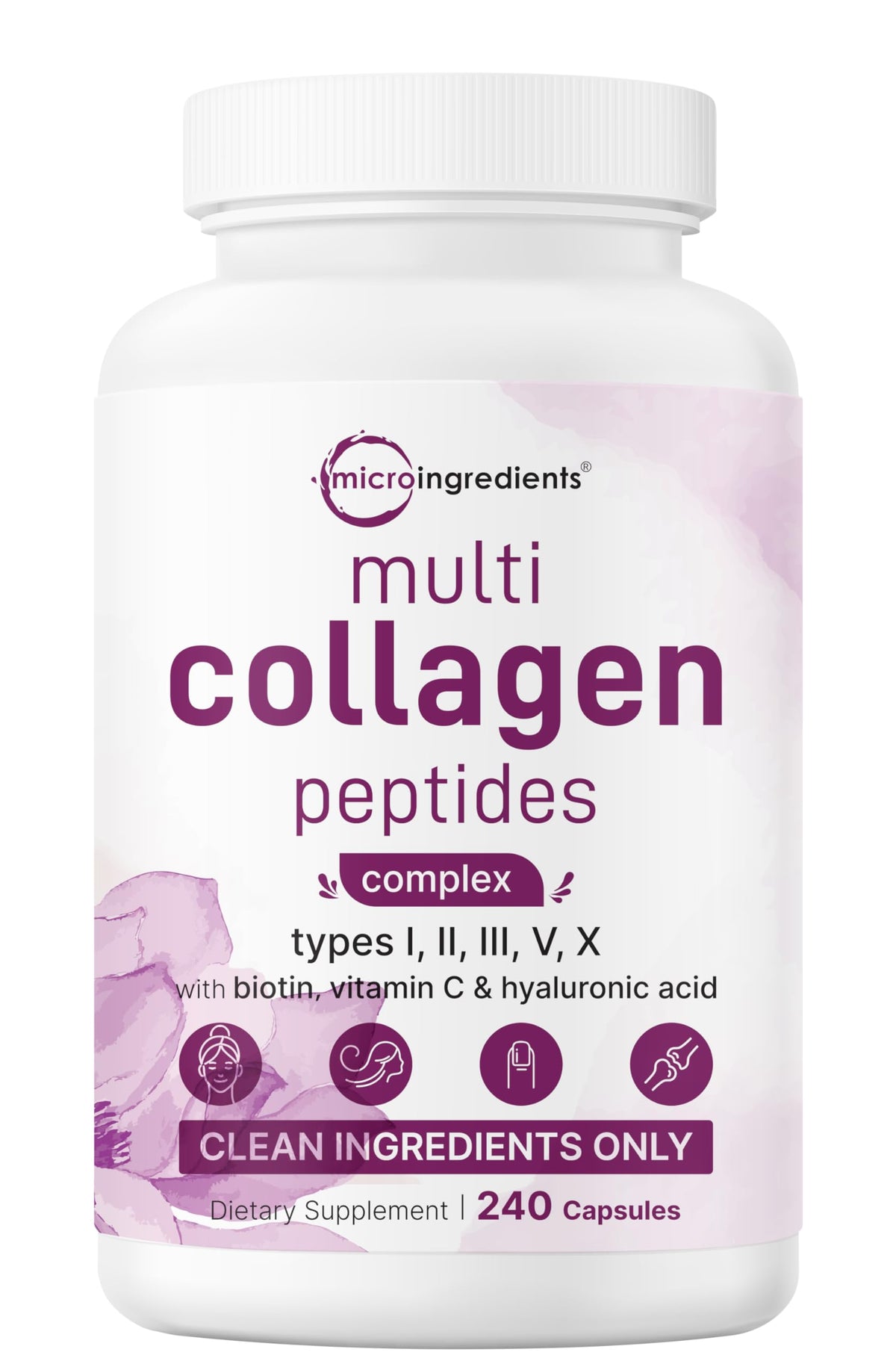 Micro Ingredients Multi Collagen bottle closeup highlighting an 8-in-1 blend for daily wellness.