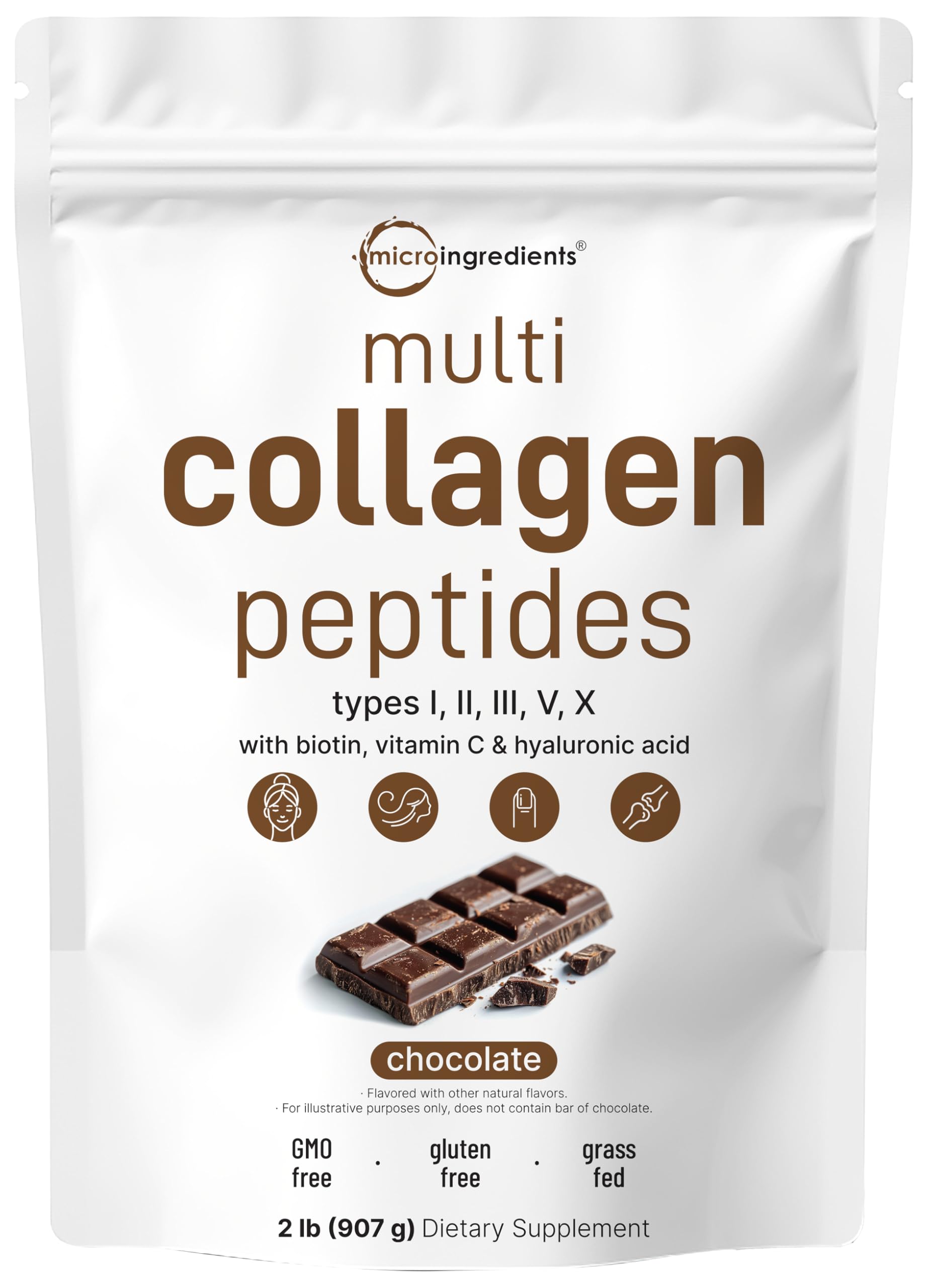 Micro Ingredients Multi Collagen Peptides powder jar close-up highlighting rich chocolate flavor and packaging