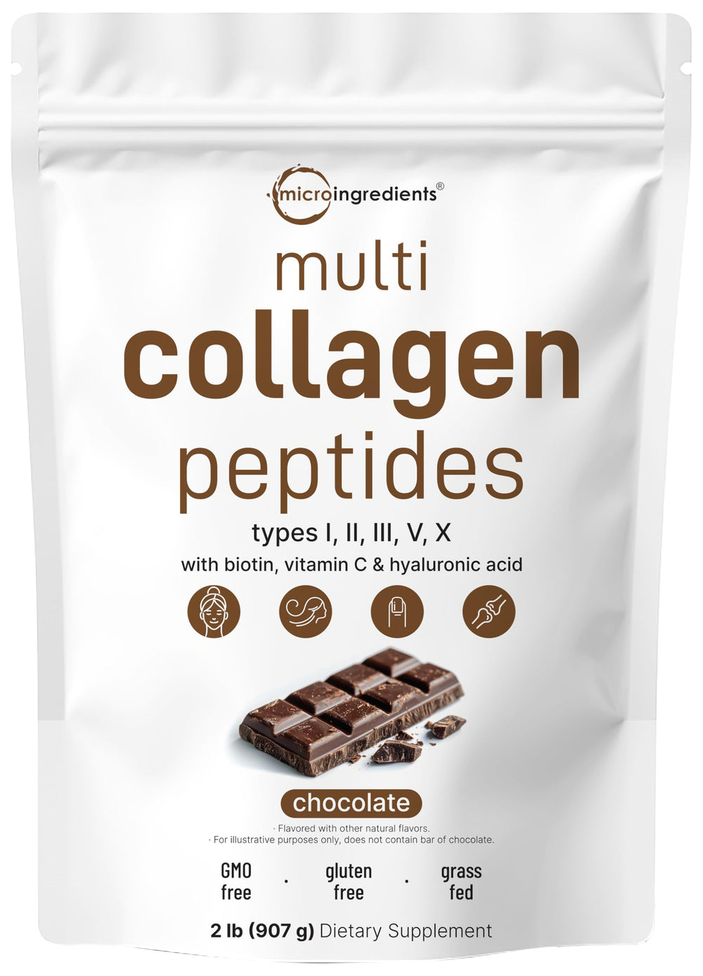 Micro Ingredients Multi Collagen Peptides powder jar close-up highlighting rich chocolate flavor and packaging
