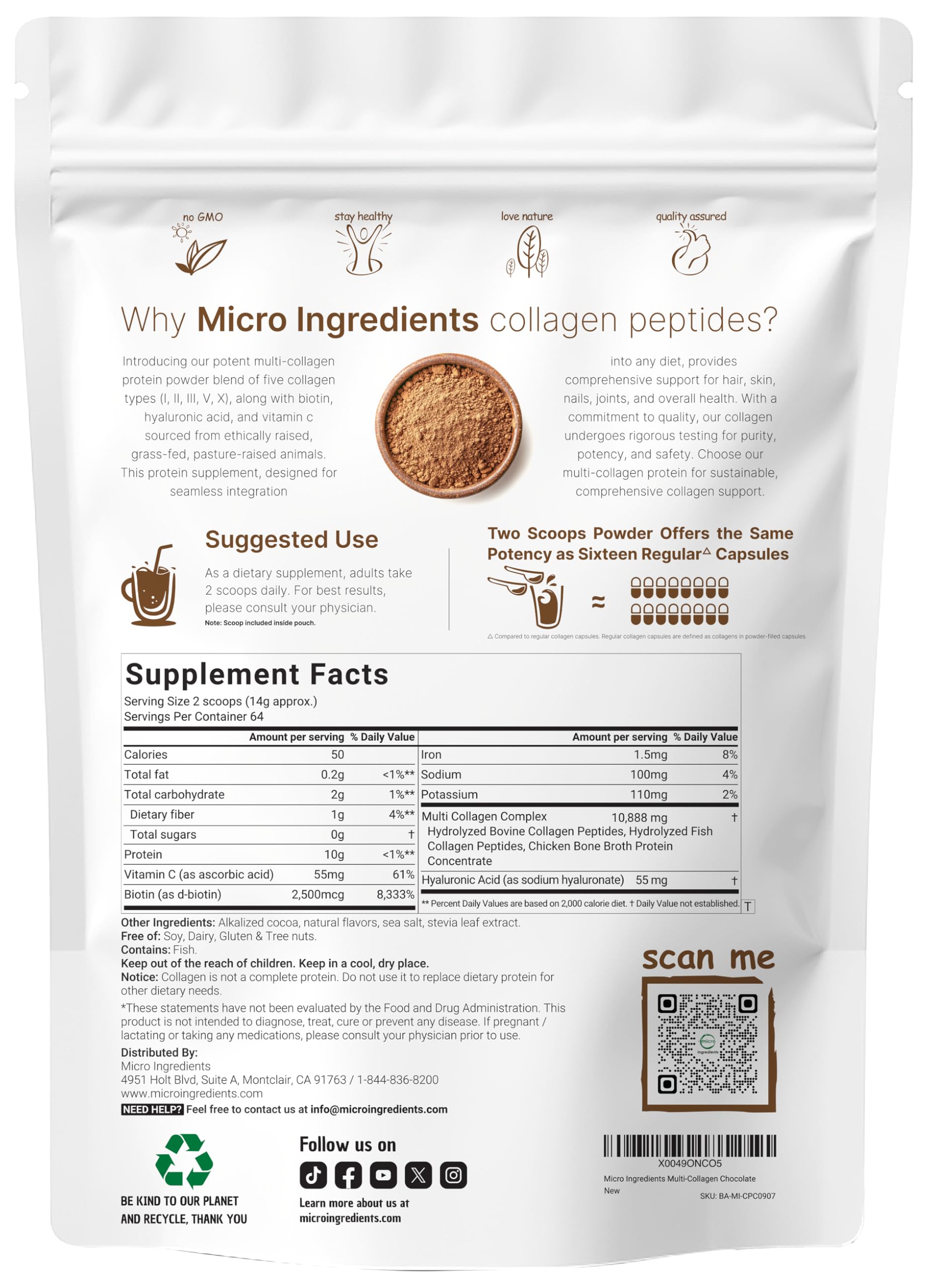 Micro Ingredients chocolate collagen scoop ready to mix into shakes for daily use
