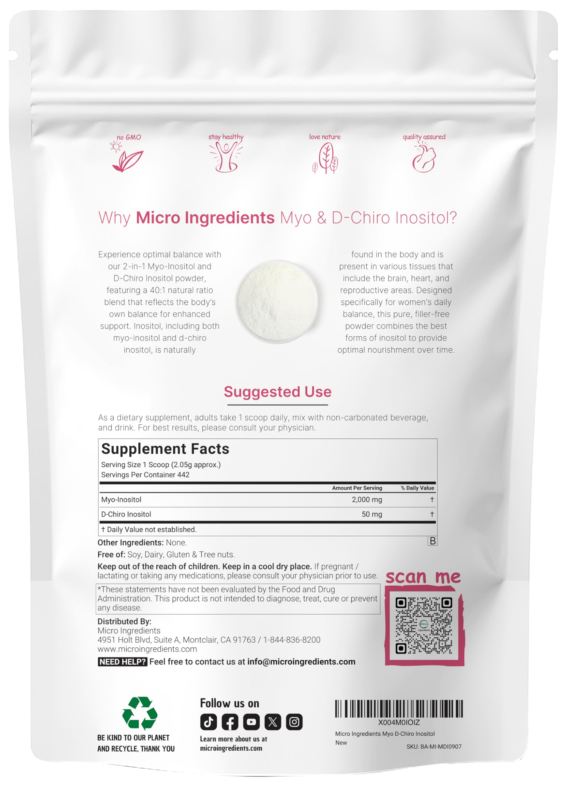 Micro Ingredients inositol powder pouch packaging highlighting 2 lb supply for 442 servings