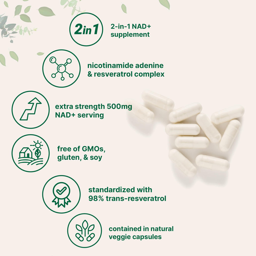 Micro Ingredients NAD+ bottle and label, showing non-GMO and gluten-free attributes.