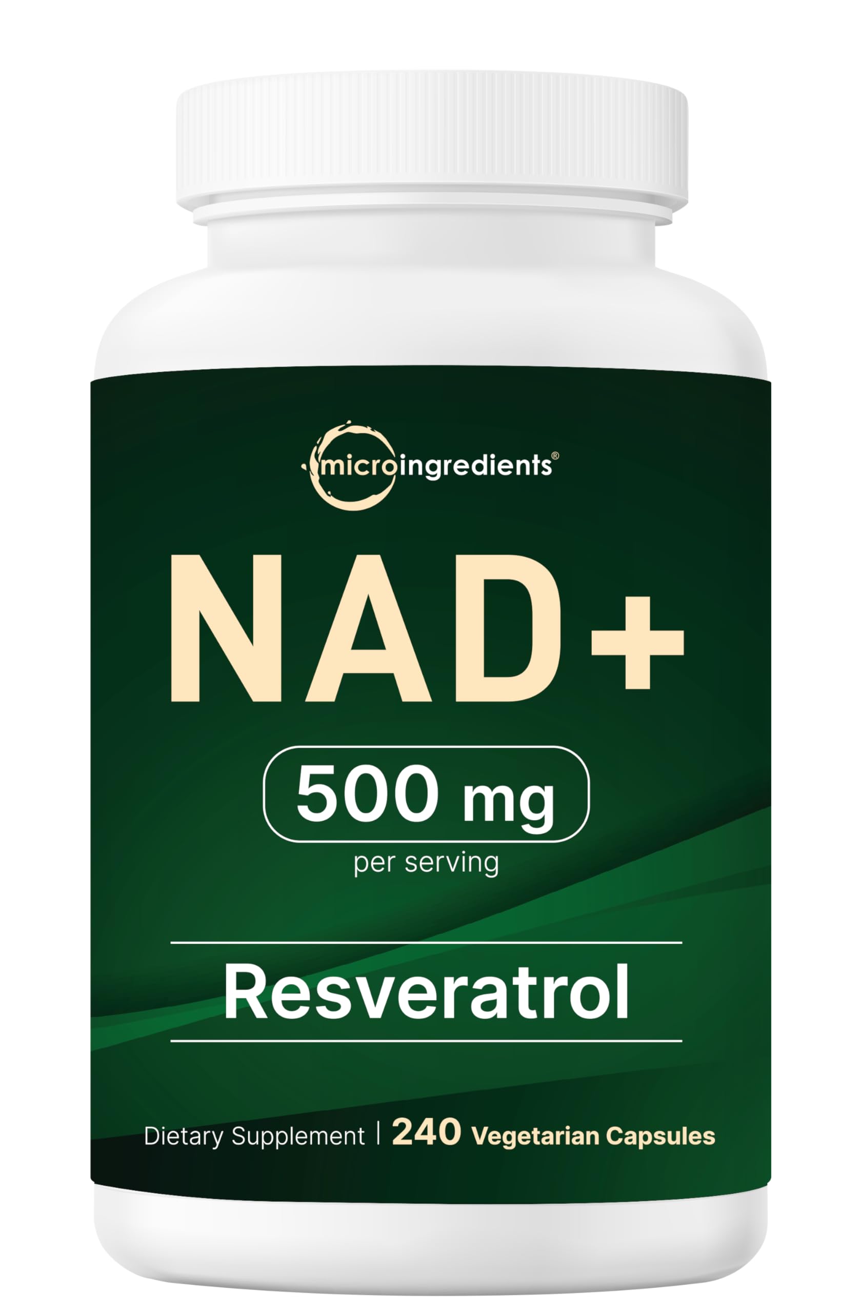 Micro Ingredients NAD+ 500mg with Resveratrol bottle close-up, convenient daily capsules for energy metabolism.