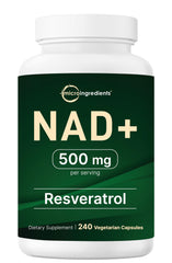 Micro Ingredients NAD+ 500mg with Resveratrol bottle close-up, convenient daily capsules for energy metabolism.