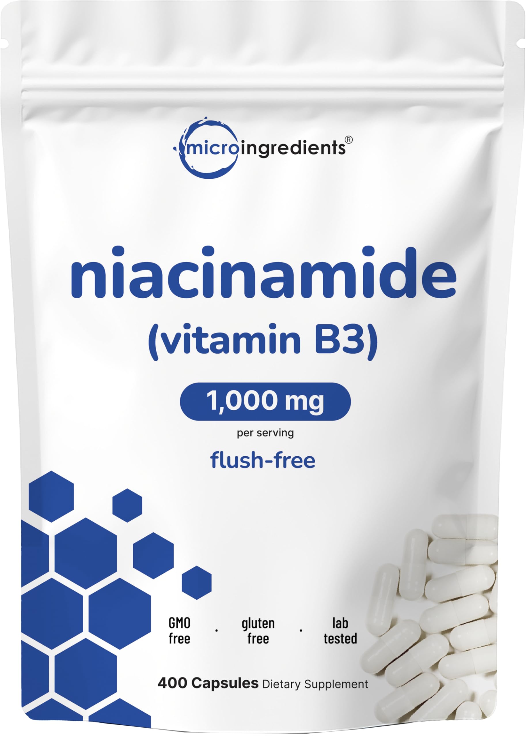 Micro Ingredients Niacinamide bottle with flush-free B3 on label
