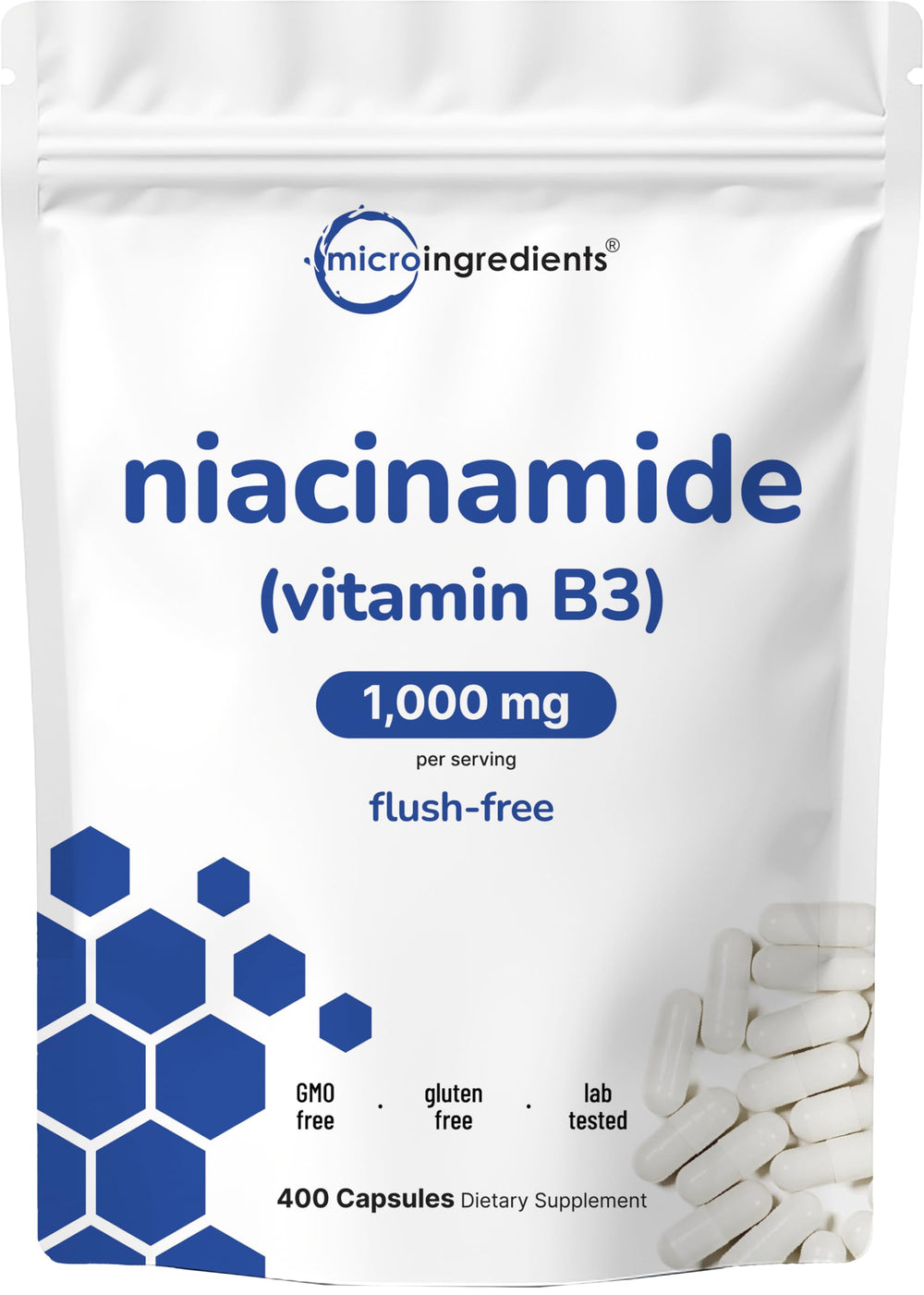 Micro Ingredients Niacinamide bottle with flush-free B3 on label