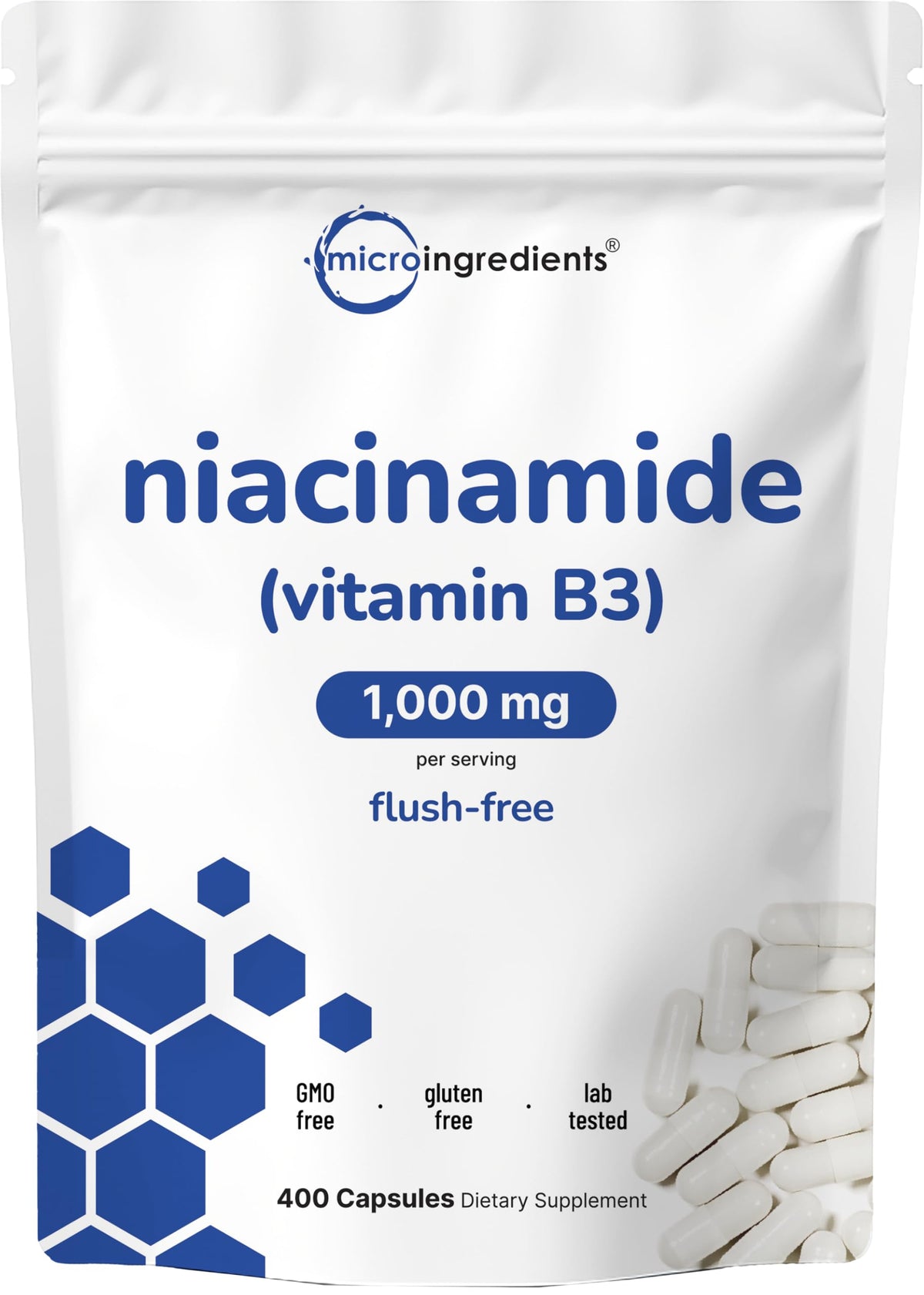 Micro Ingredients Niacinamide bottle with flush-free B3 on label