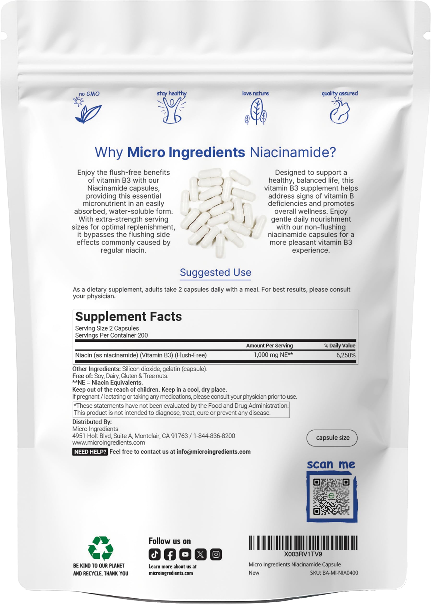 Micro Ingredients Niacinamide capsules closeup showing 500mg per capsule