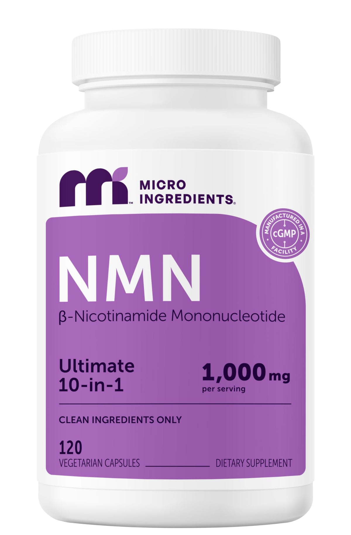 Micro Ingredients NMN Complex bottle front shows 60 servings for daily wellness.