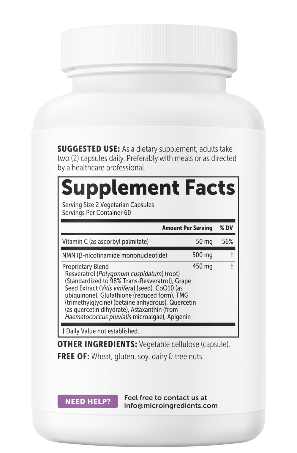Micro Ingredients NMN Complex label detail highlights clean label claims.